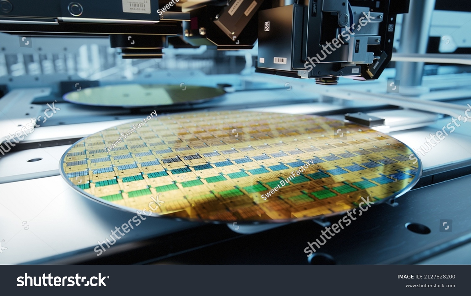 Close-up Shot of Silicon Wafer in Bright light at Advanced Semiconductor Foundry, that produces Computer Chips. #2127828200