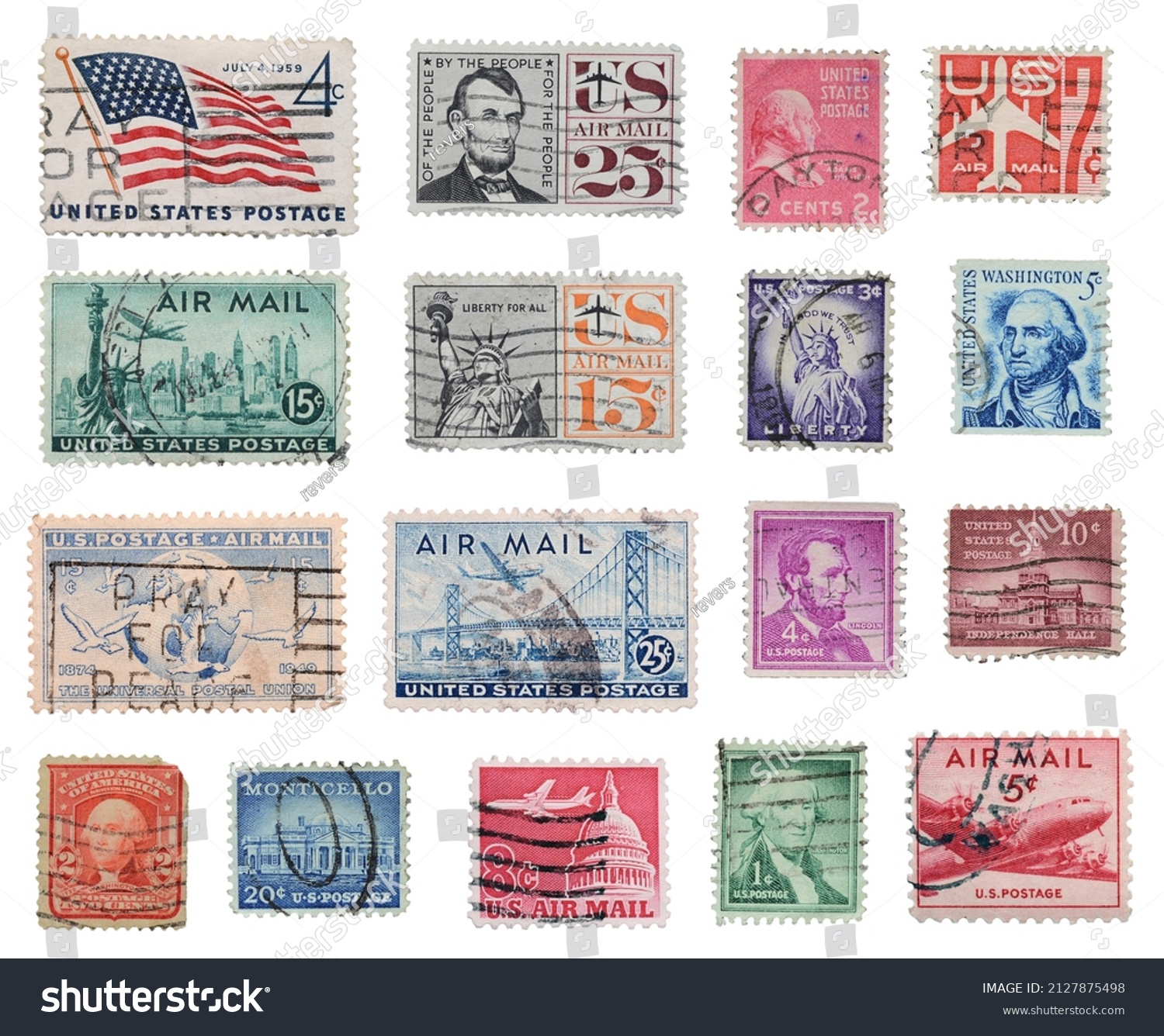 United States of America postage stamps isolated on a white background. #2127875498