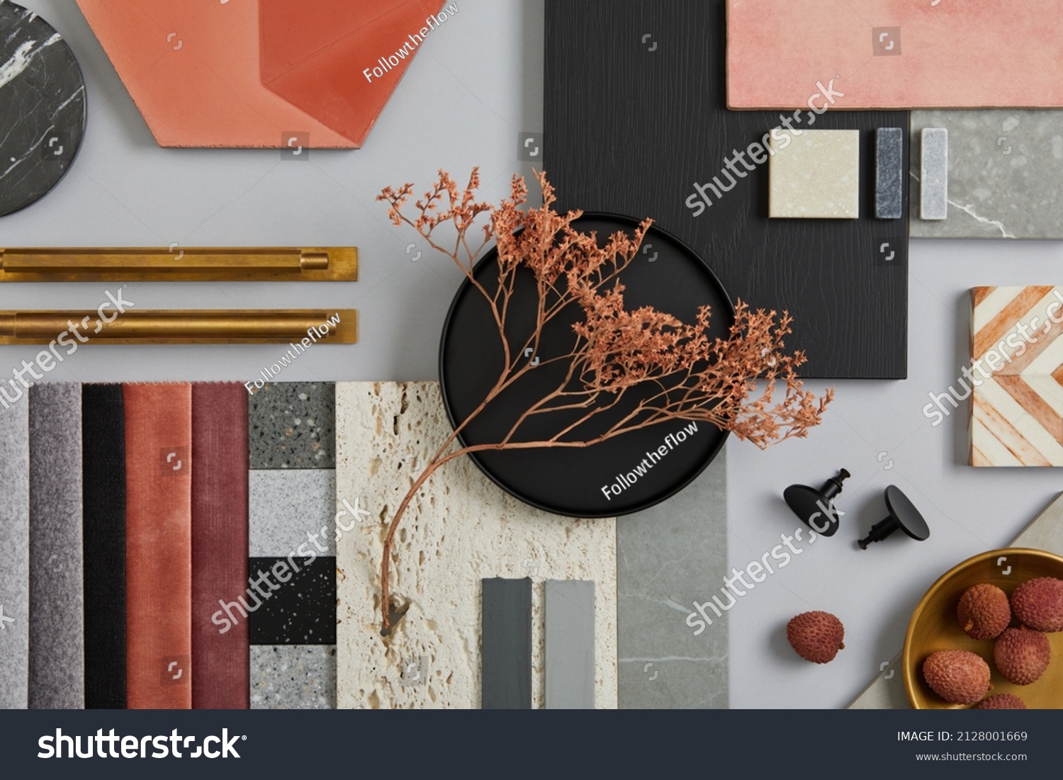Creative flat lay composition with textile and paint samples, panels and tiles. Stylish interior designer moodboard. Pink, black and light grey color palette. Copy space. Template.  #2128001669