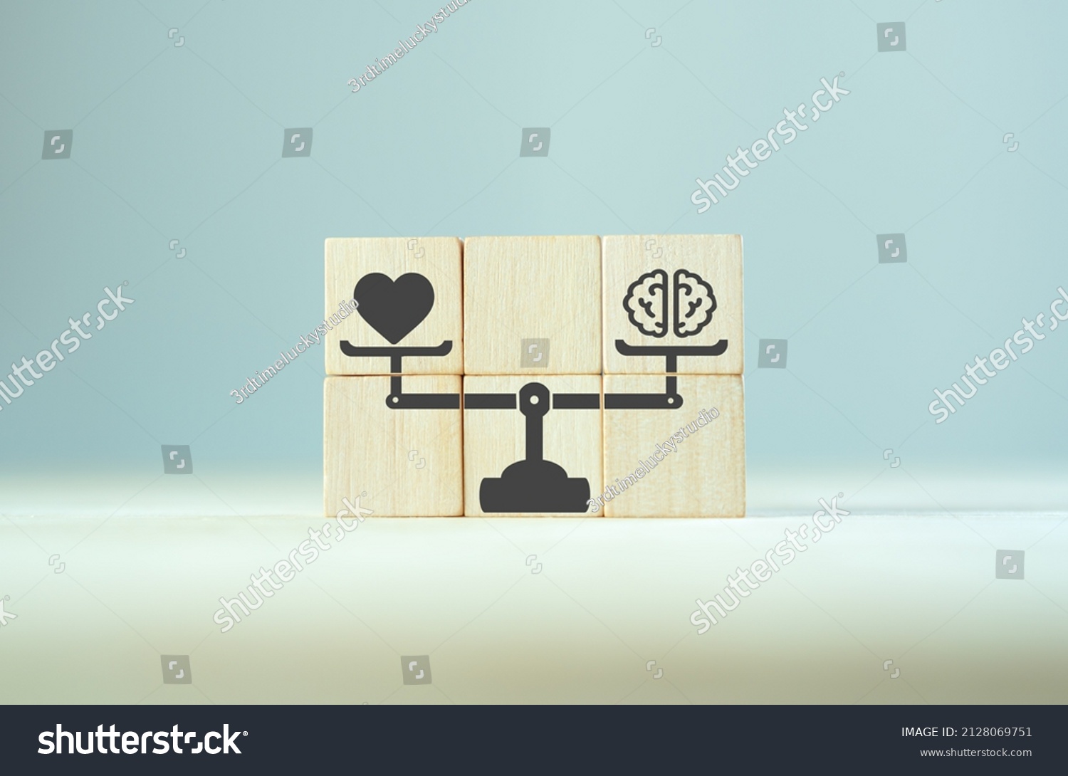 Balancing hard and soft skills concept. Training of skills Human resource management(HRM). wooden cubes with hard and soft skills on scales icon for comparison human skills. Grey background copy space #2128069751
