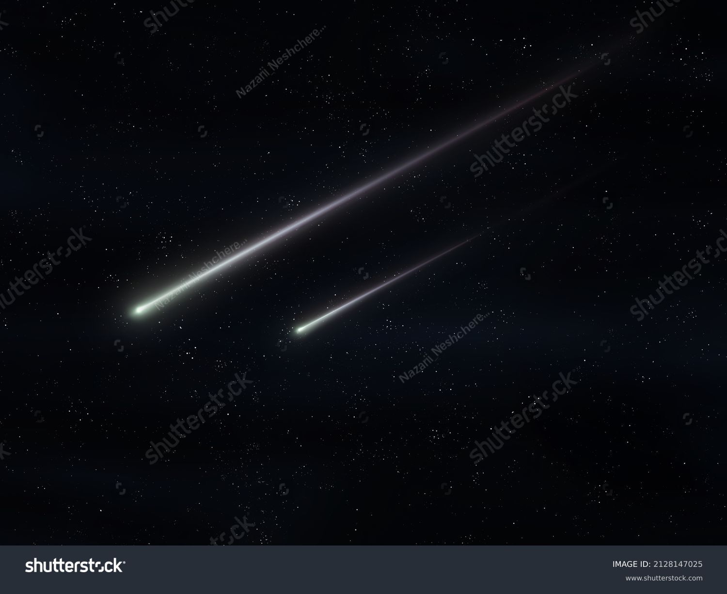 Two meteorites fly in the night sky. Bright meteors glow in the atmosphere. Beautiful shooting stars.  #2128147025