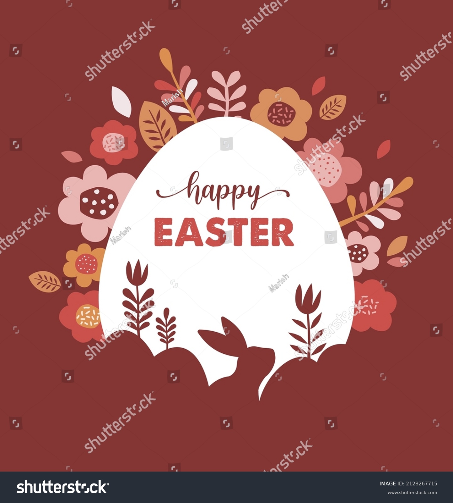 Happy Easter banner, poster, greeting card. Trendy Easter design with typography, bunnies, flowers, eggs, bunny ears, in pastel colors. Modern minimal style #2128267715