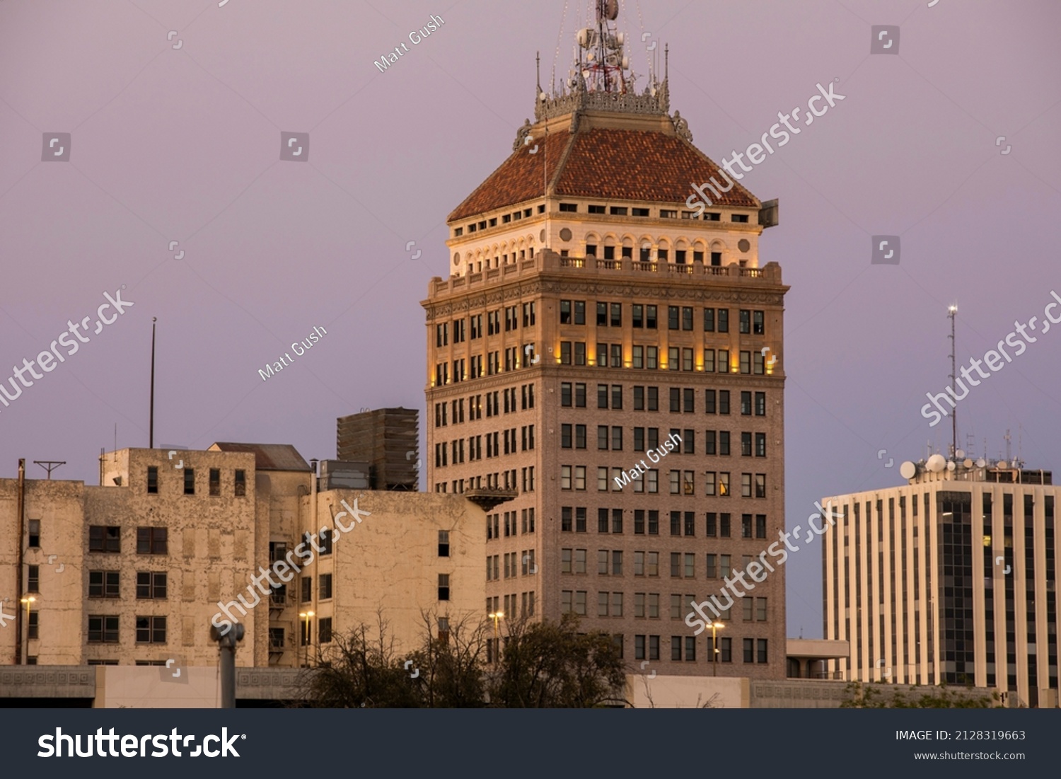 Sunset city view of historic downtown Fresno, California, USA. #2128319663