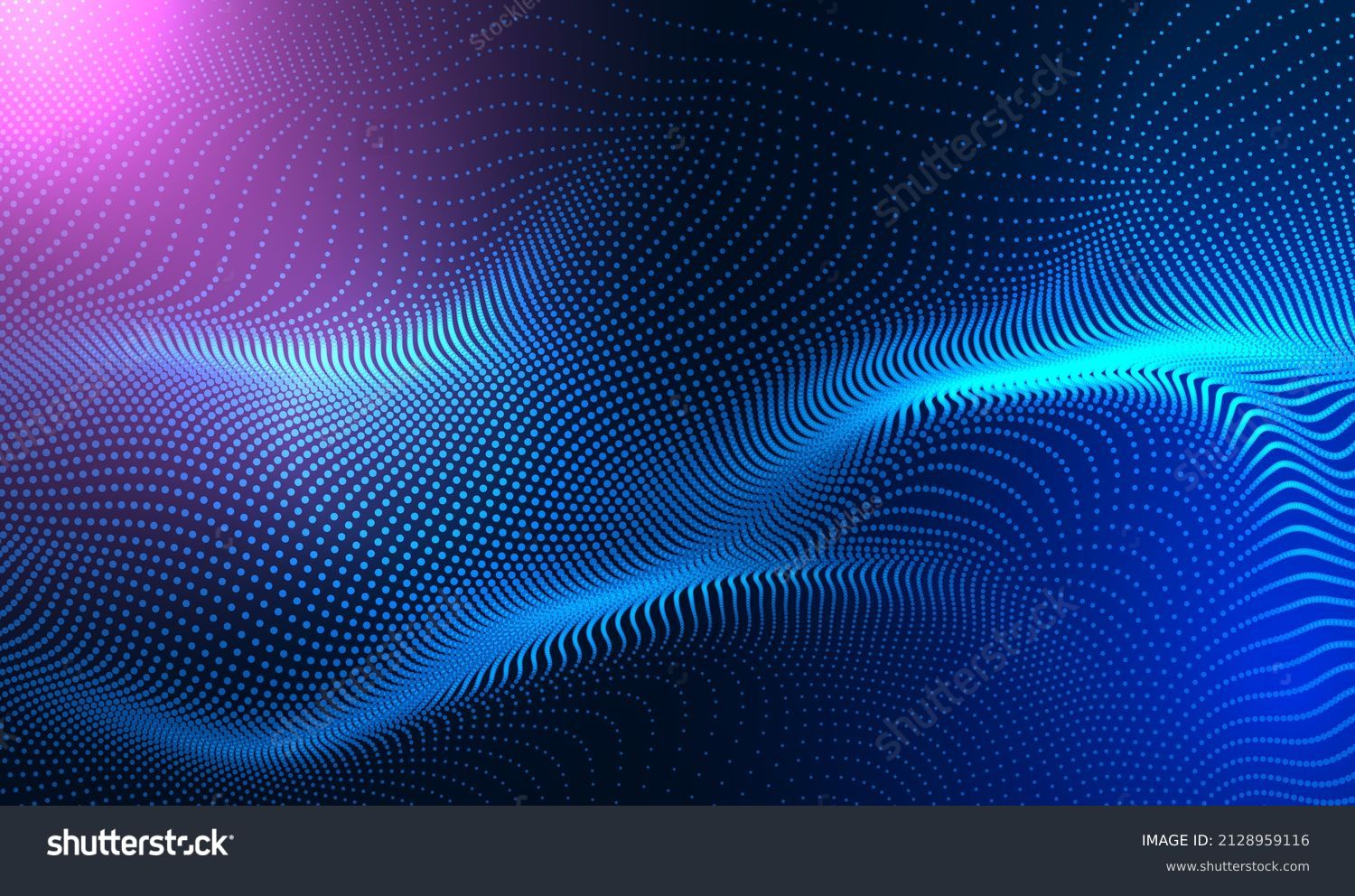 Abstract Waving Particle Technology Background Design. Abstract wave moving dots flow particles, hi-tech and big data background design for brochures, flyers, magazine, business card, banner. Vector #2128959116