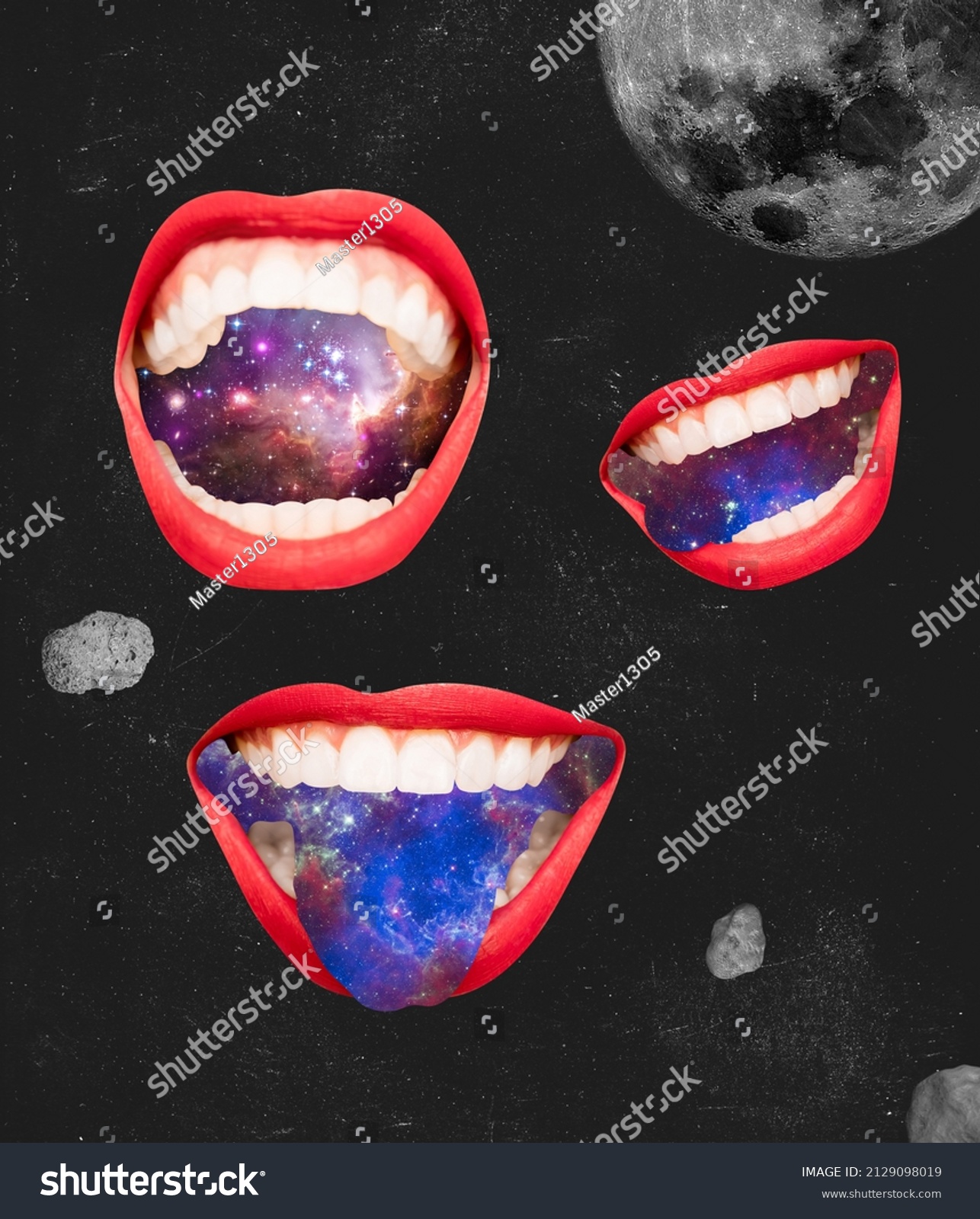 Smiling female mouth in outer space. Conceptual creative artwork. Ideas, inspirations, imagintaions. Surrealism. Concept of astronautics, dreams, astronomy, art, Day of Human Space Flight #2129098019