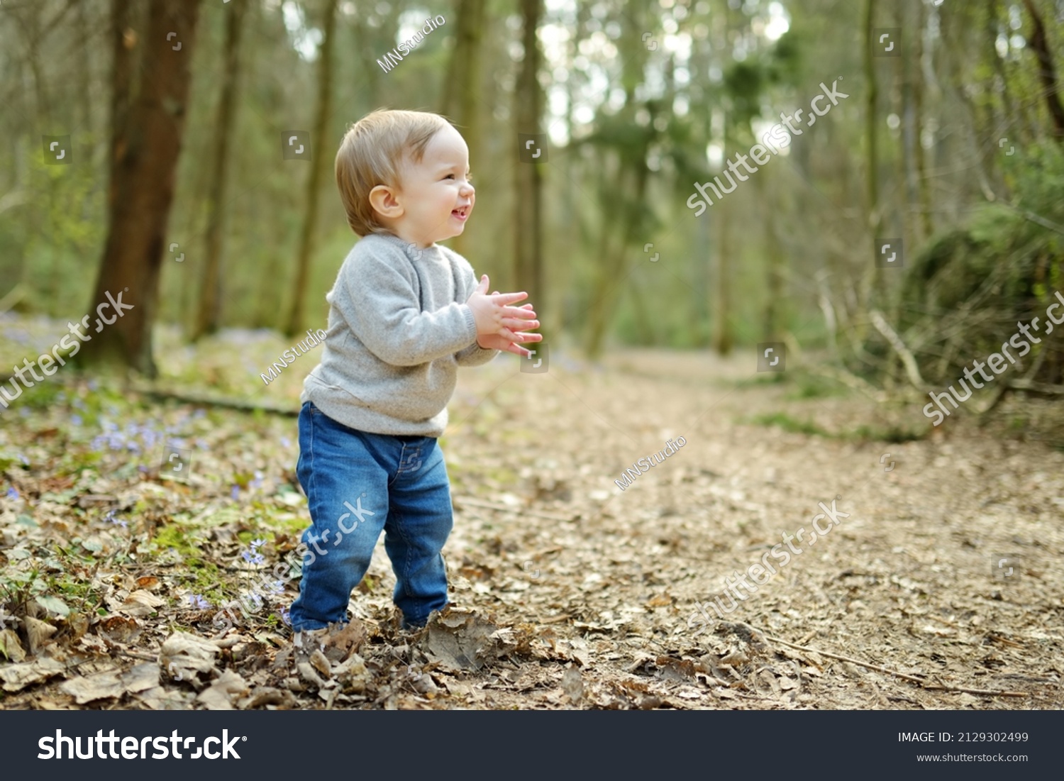 Adorable toddler boy having fun during a hike in the woods on beautiful sunny spring day. Active family leisure with kids. Child exploring nature. #2129302499