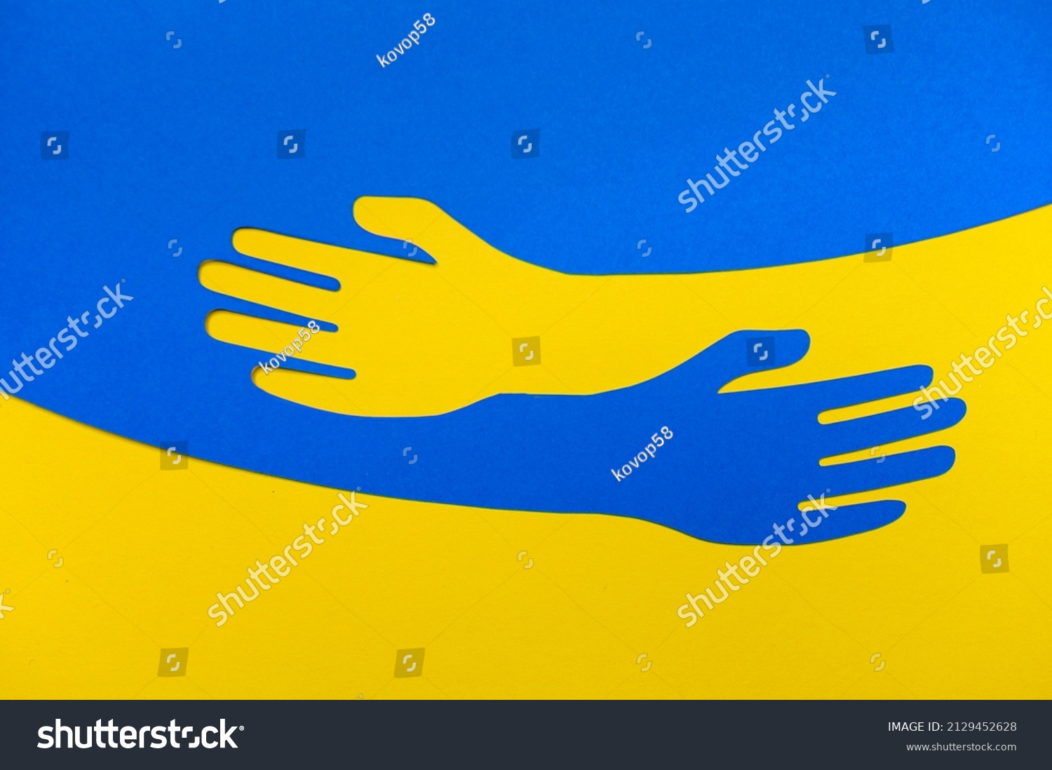 Support for Ukraine. Embrace icon, arms hugging in colors of Ukraine , War in Ukraine, attack from Russia. Papercut, hands hug linear vector logo template. Care, love and charity symbol, hand papercut #2129452628
