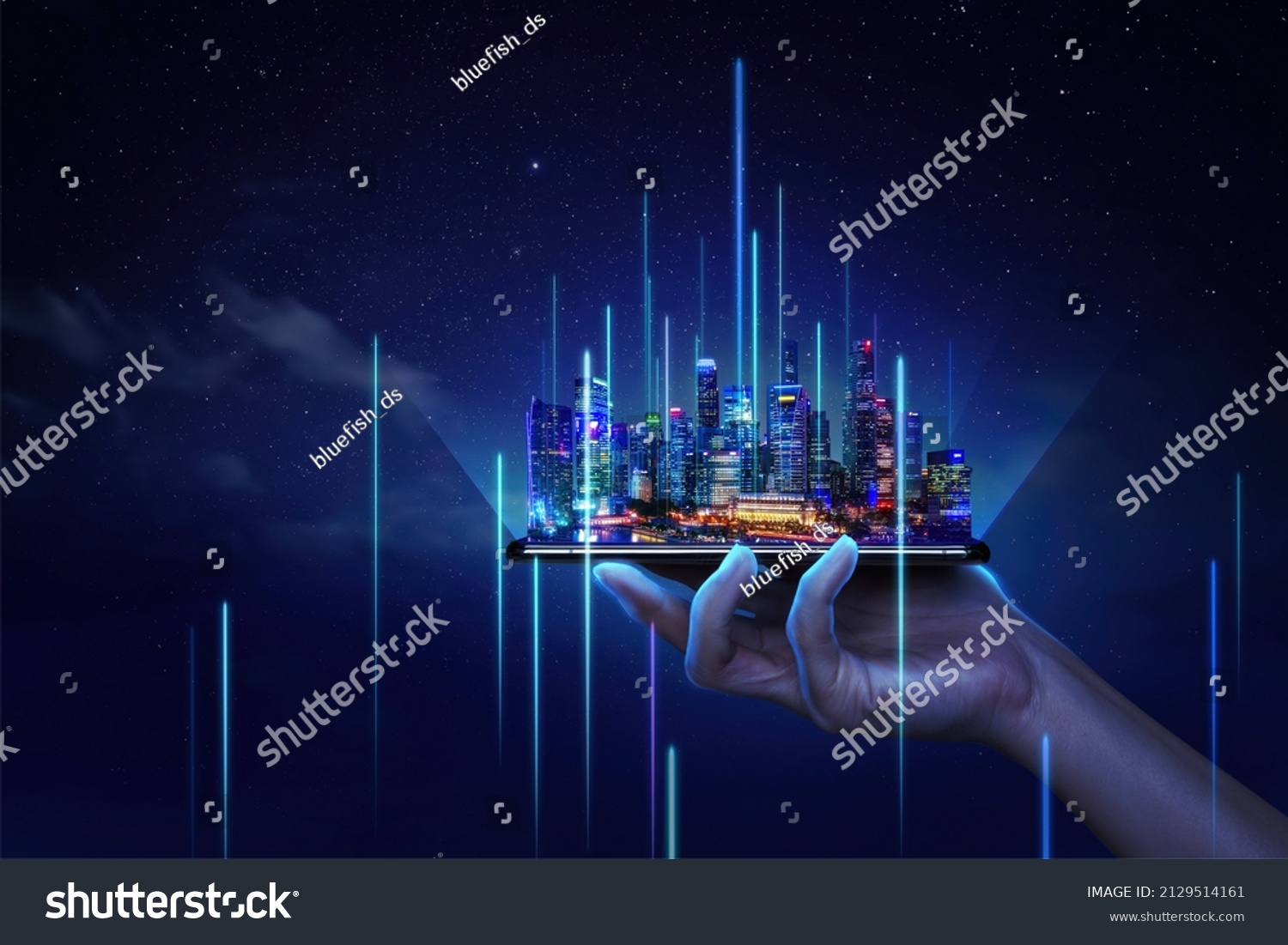 Modern cityscape and communication network concept. (Internet of Things). ICT (Information communication Technology). 5G. Smart city. Digital transformation. Singapore #2129514161