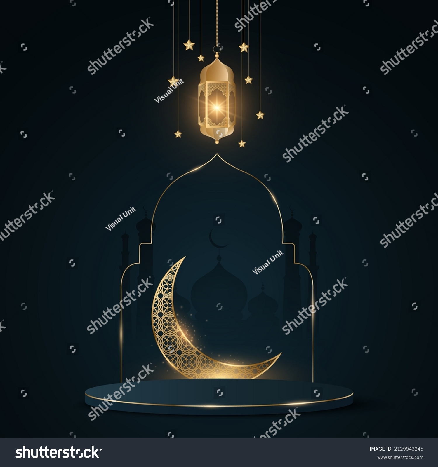 Ramadan Kareem podium. Glowing lantern on the background of the old city and mosque. Islamic traditional frame. Luxurious golden moon with islamic ornament. Eid Mubarak. Vector illustration #2129943245