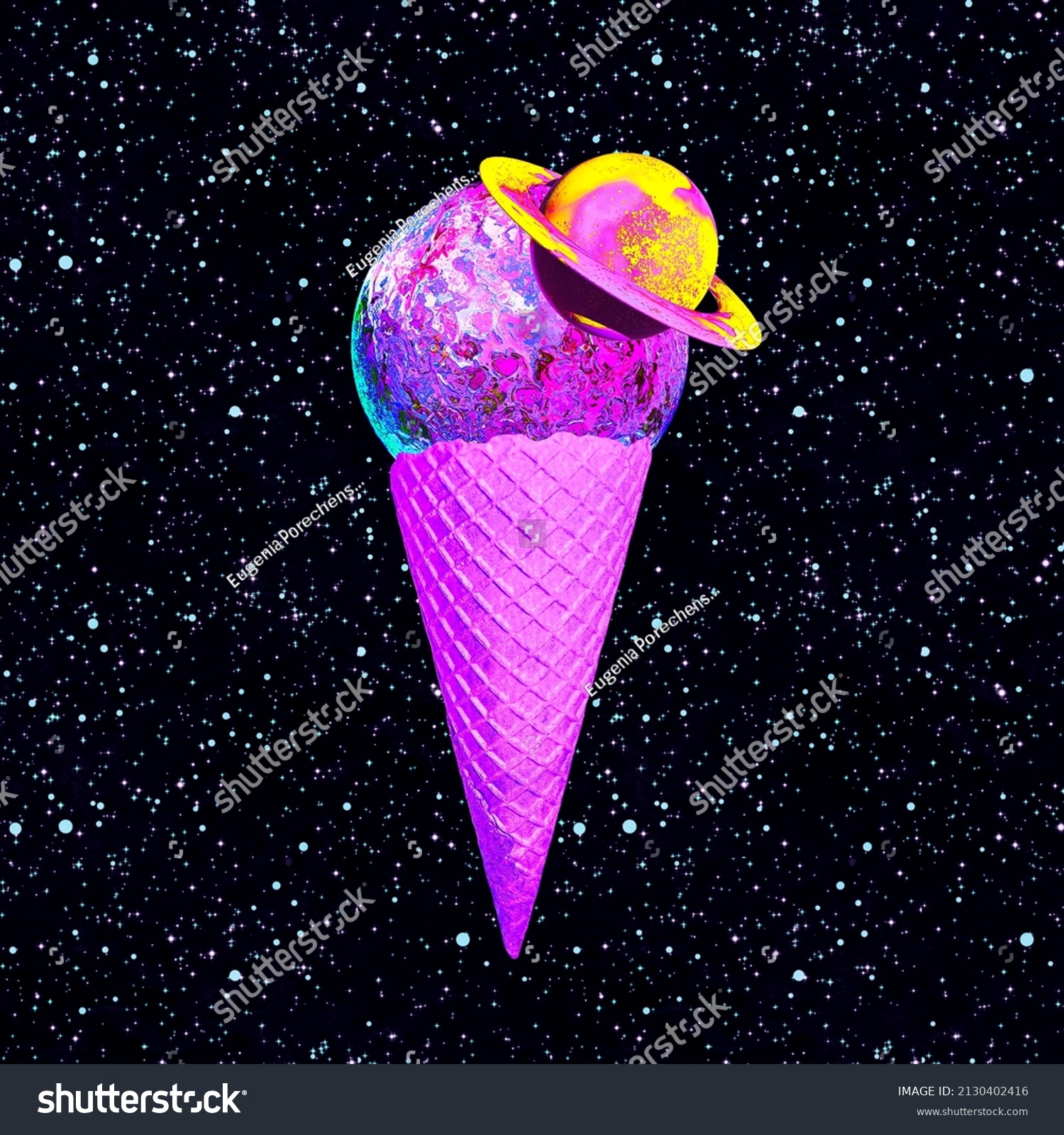 Contemporary minimal collage art. Saturn Ice Cream in cosmic space. Pop zine culture #2130402416