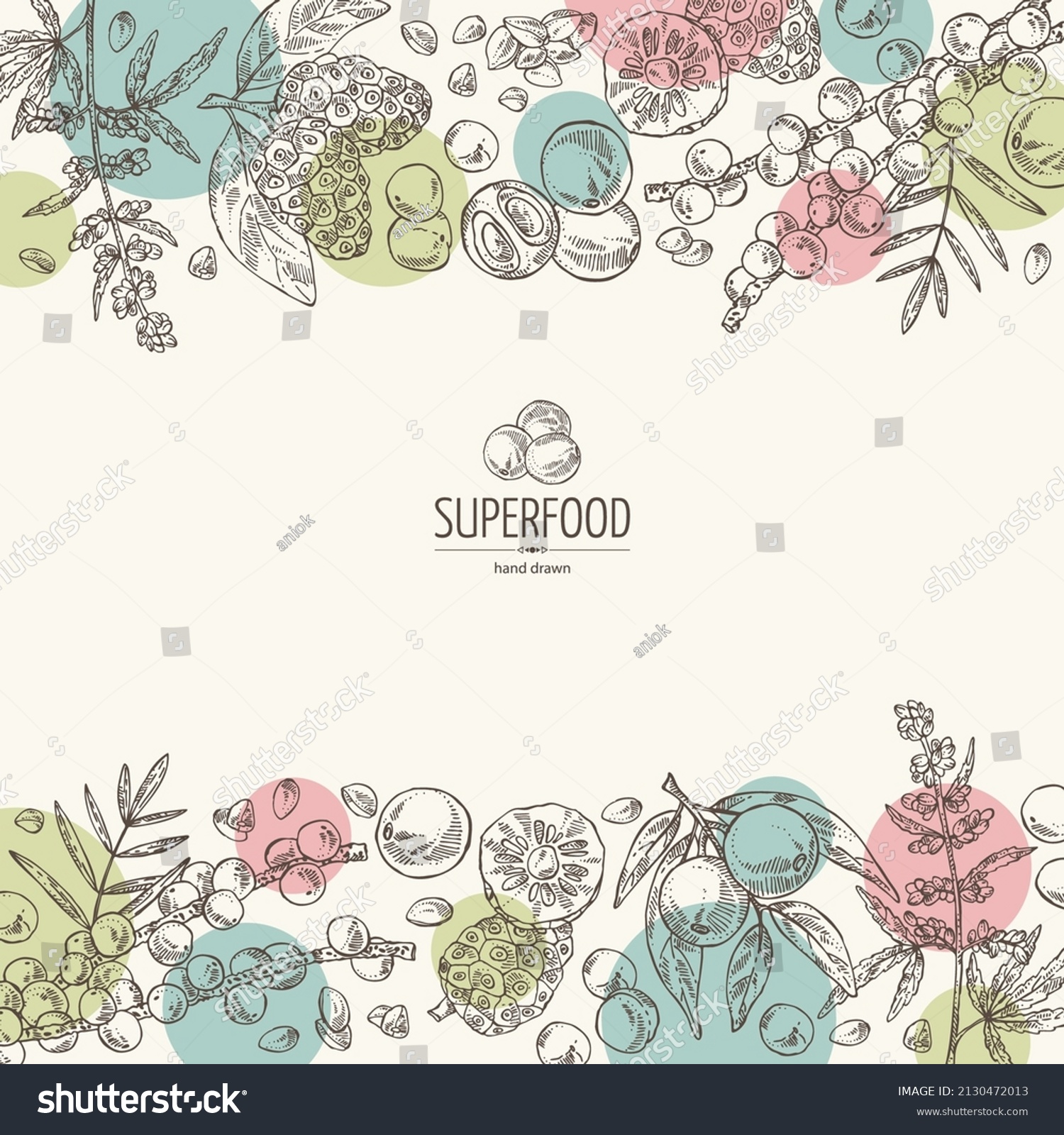 Background with super food: cannabis seeds, acai berries, noni fruit,  camu camu. Super food. Vector hand drawn illustration. #2130472013
