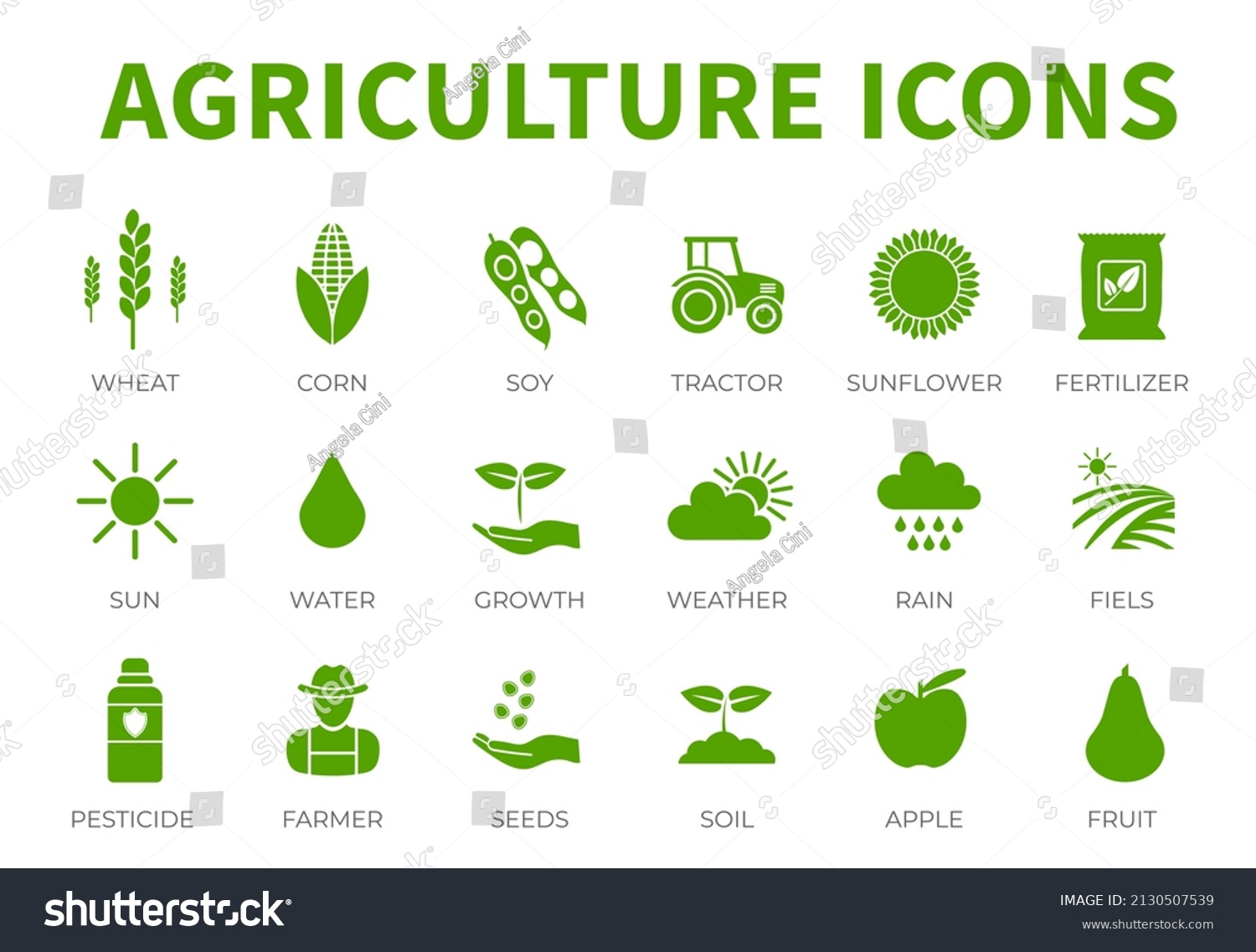 Agriculture Icon Set of Wheat, Corn, Soy, Tractor, Sunflower, Fertilizer, Sun, Water, Growth, Weather, Rain, Fields, Pesticide, Farmer, Seeds, Soil, Apple, Fruit Icons. #2130507539