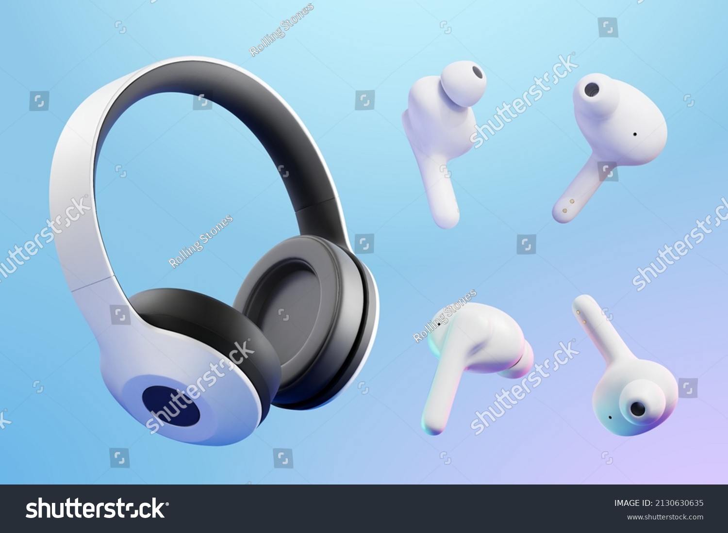 3D wireless headphones mockup. Set of realistic wireless over ear headphones and in ear headphones isolated on blue background #2130630635