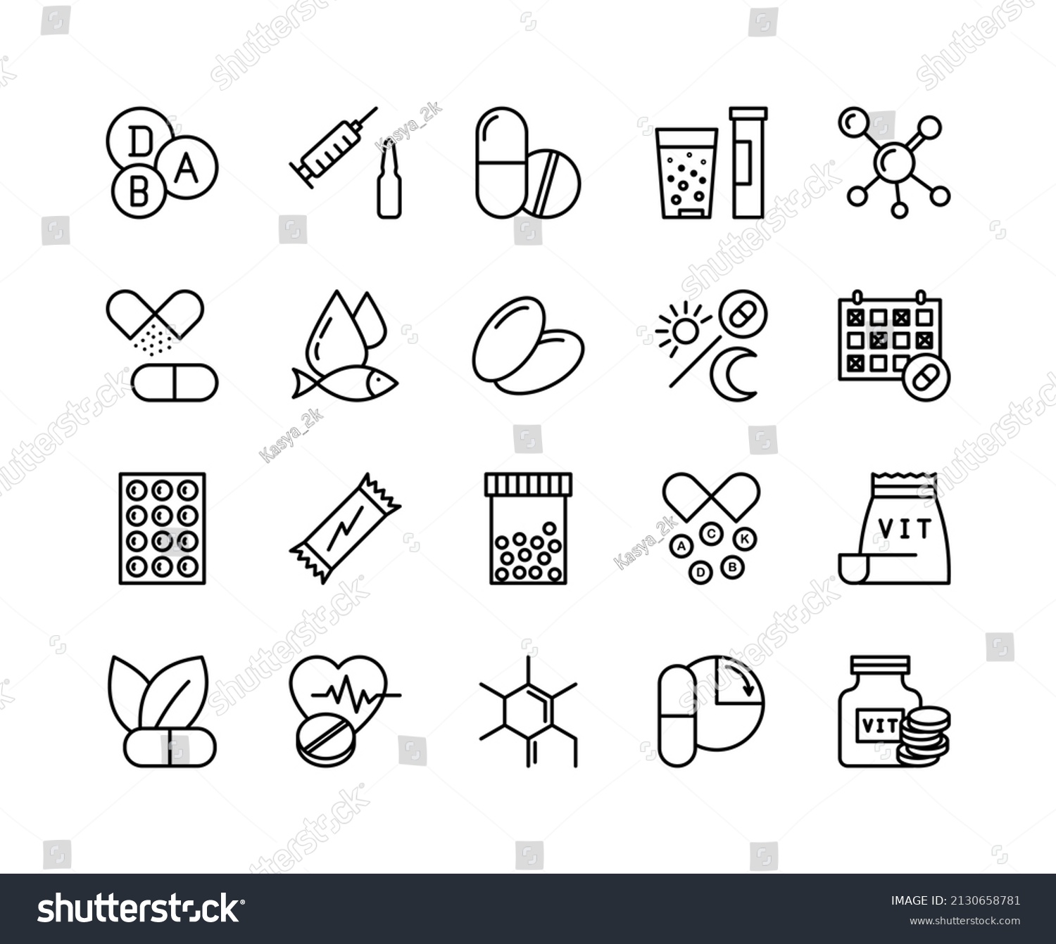 Vitamin nutrition  flat line icons set. Healthy food supplement - Vitamin, Mineral supplement, Pill, Bottle, health food. Simple flat vector illustration for web site or mobile app. #2130658781