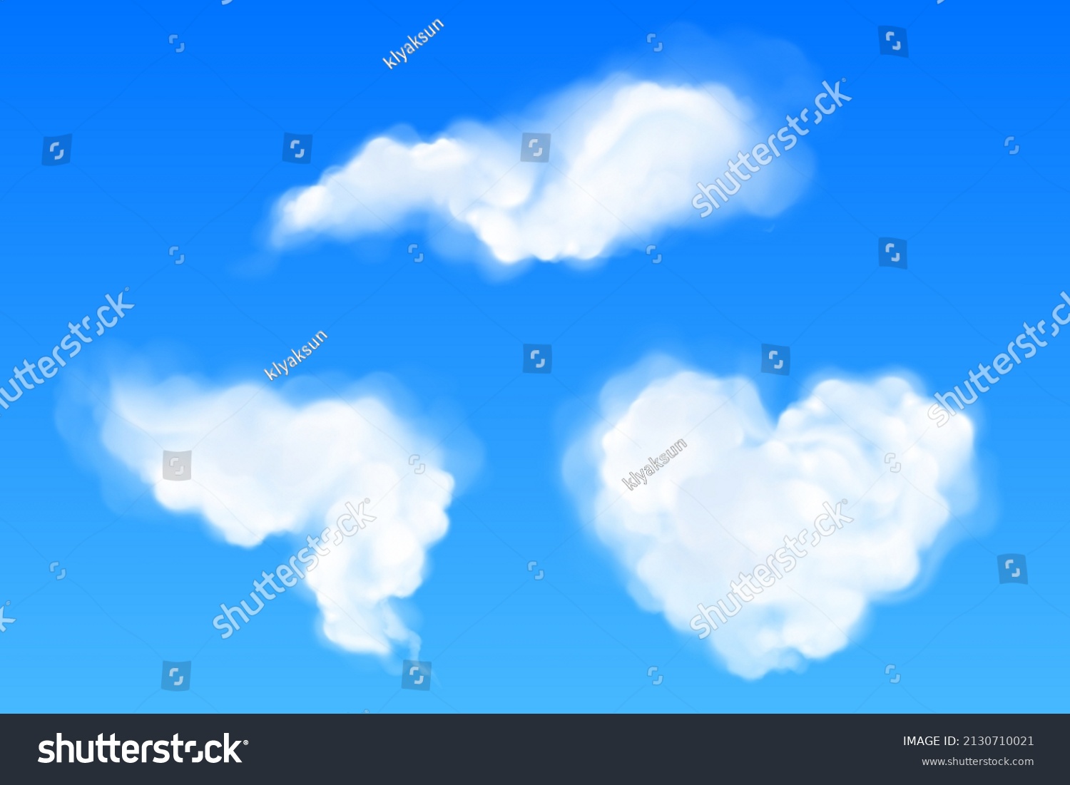 Realistic clouds of heart and abstract shapes, white fluffy spindrift or cumulus eddies flying in blue sky. Weather forecast and nature design elements, 3d Vector illustration, isolated icons set #2130710021