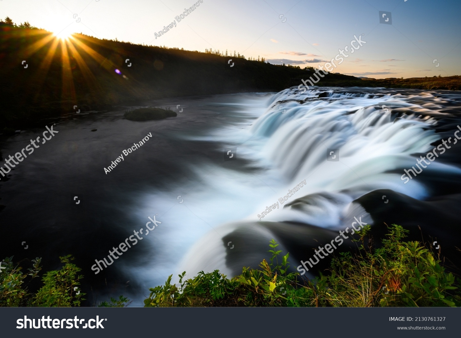 Waterfall at dawn landscape. Sunrise waterfall cascades #2130761327