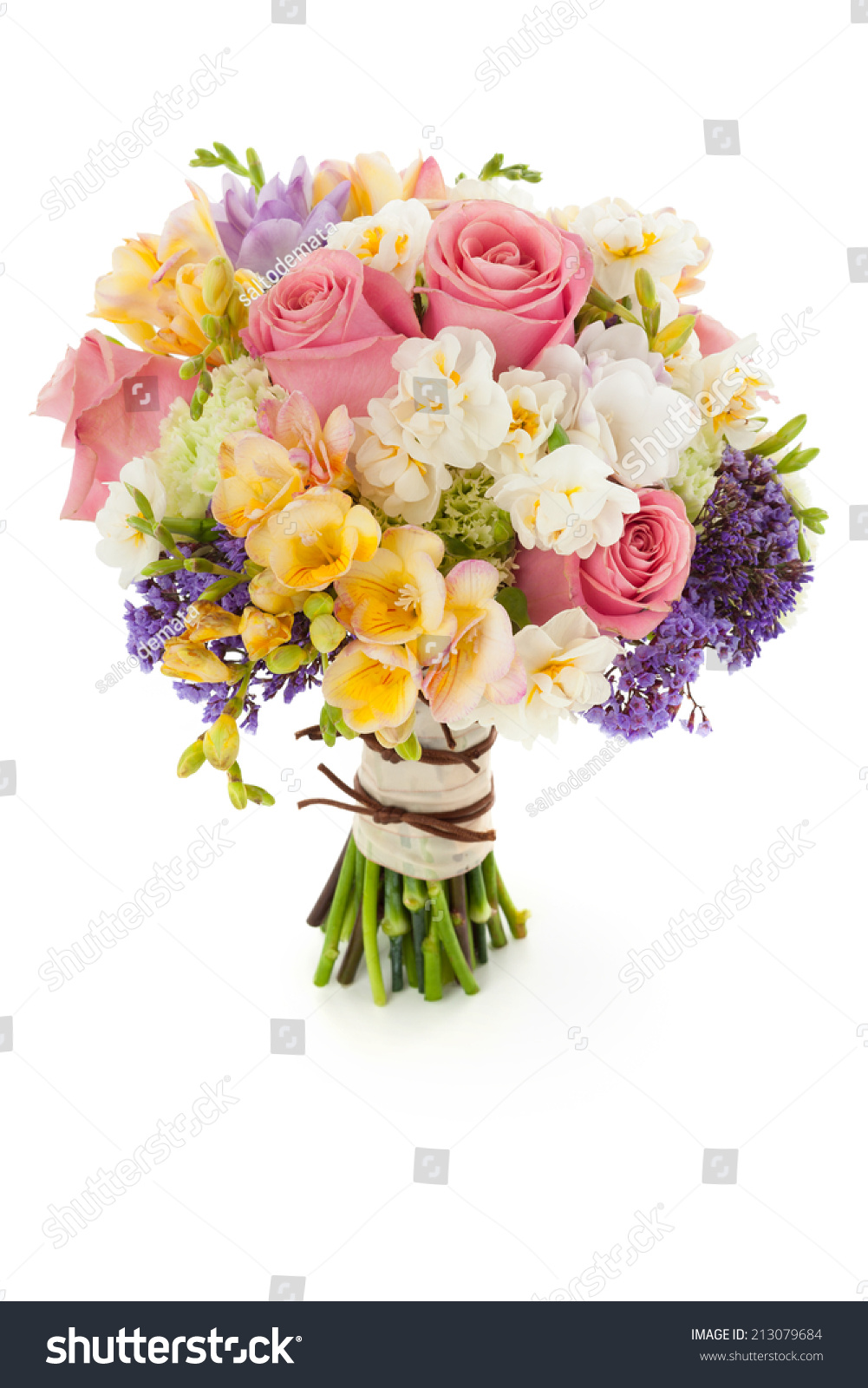 Pastel colors wedding bouquet made of Roses, Freesia, Carnation and Limonium flowers isolated on white. #213079684