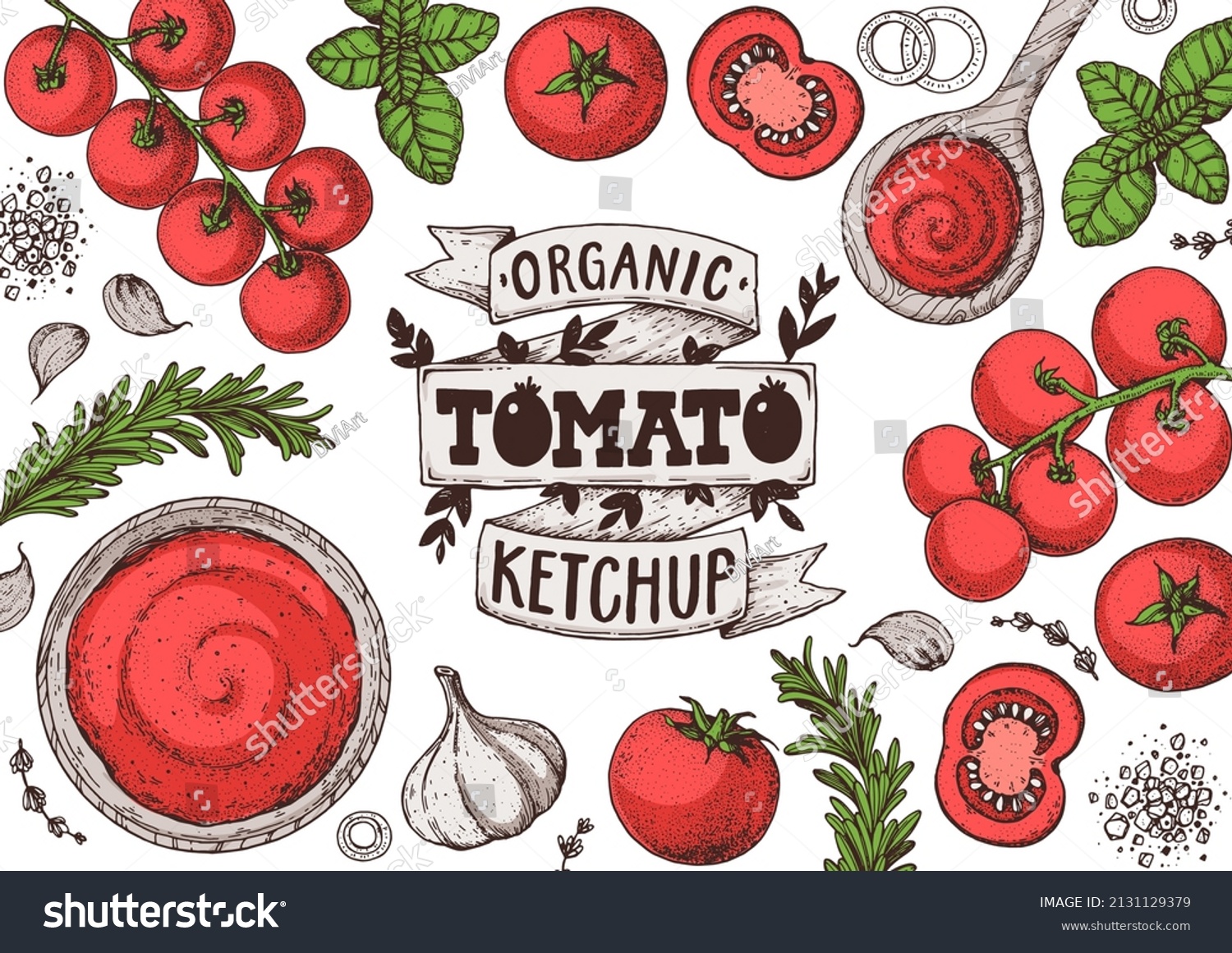 Tomato sauce, ketchup cooking and ingredients frame. Hand drawn vector illustration. Homemade tomato sauce, design elements. Hand drawn package design. #2131129379