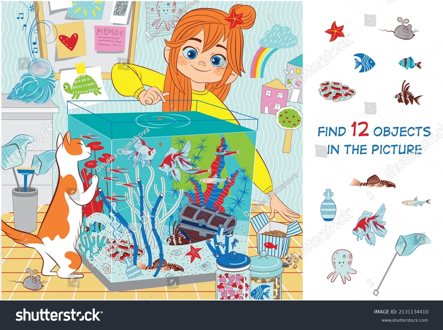 Girl takes care of the fish in the aquarium. Find 12 hidden objects in the picture. Hidden objects puzzle. Vector illustration.  #2131134410