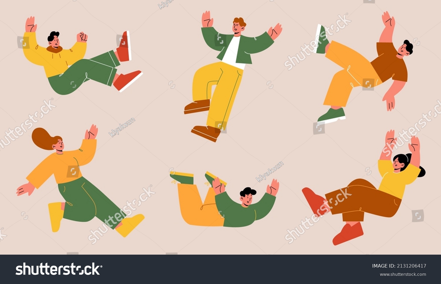 People fall down after slip, slide on wet floor or stumble. Vector flat illustration with person falling with injury risk. Men and women in shock and panic tumble down #2131206417