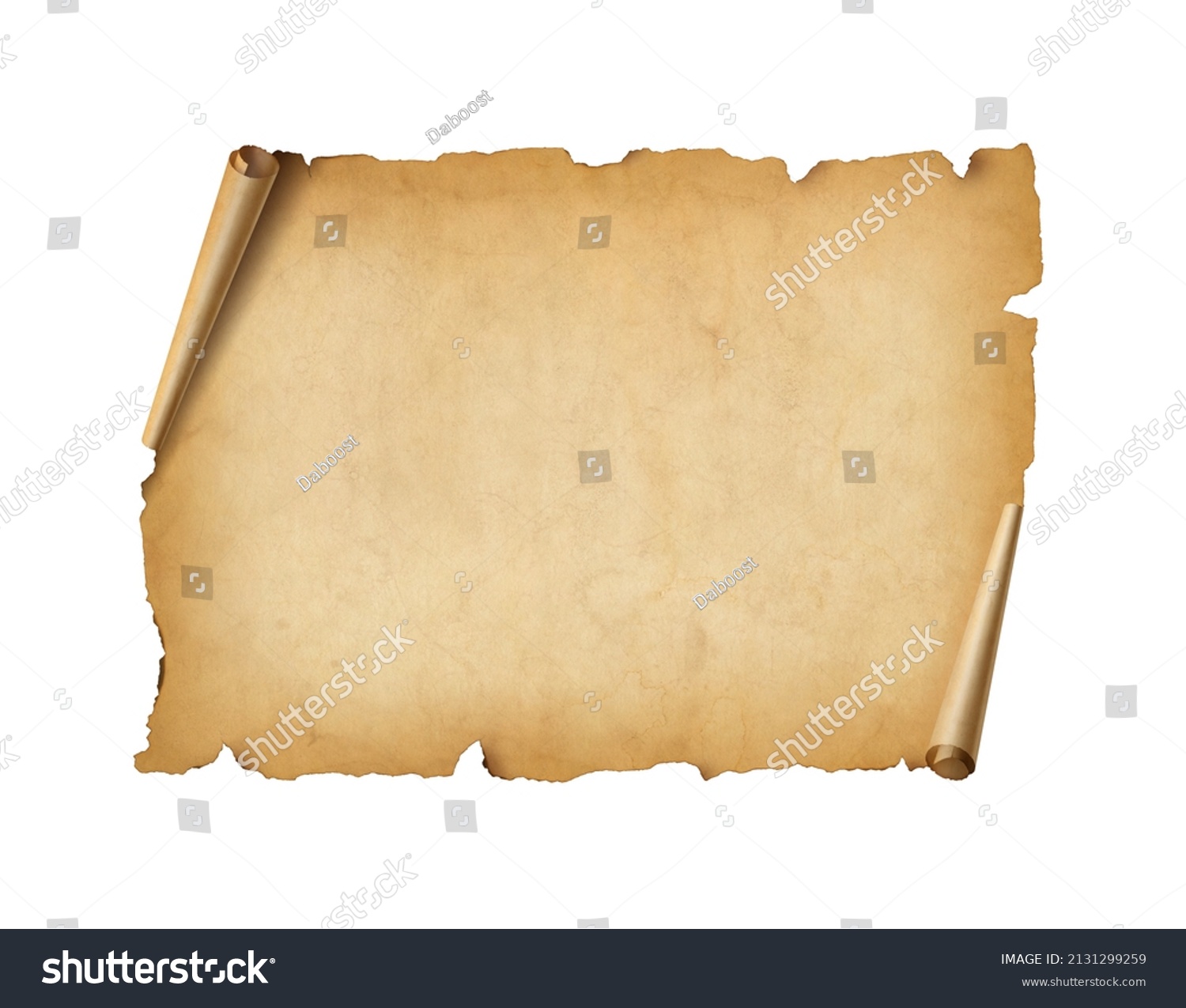Old mediaeval paper sheet. Horizontal parchment scroll isolated on white background #2131299259