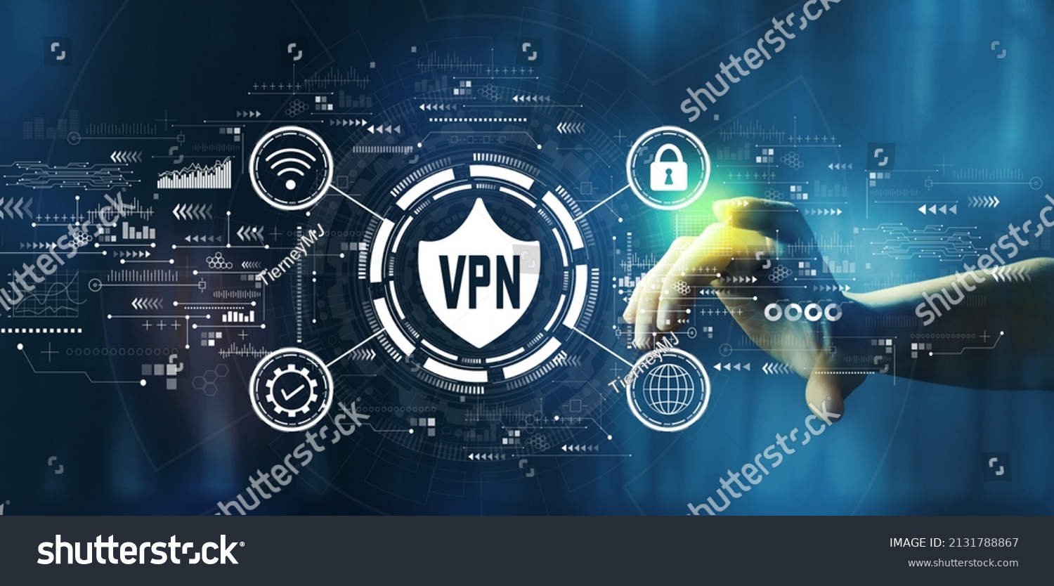 VPN concept with hand pressing a button on a technology screen #2131788867