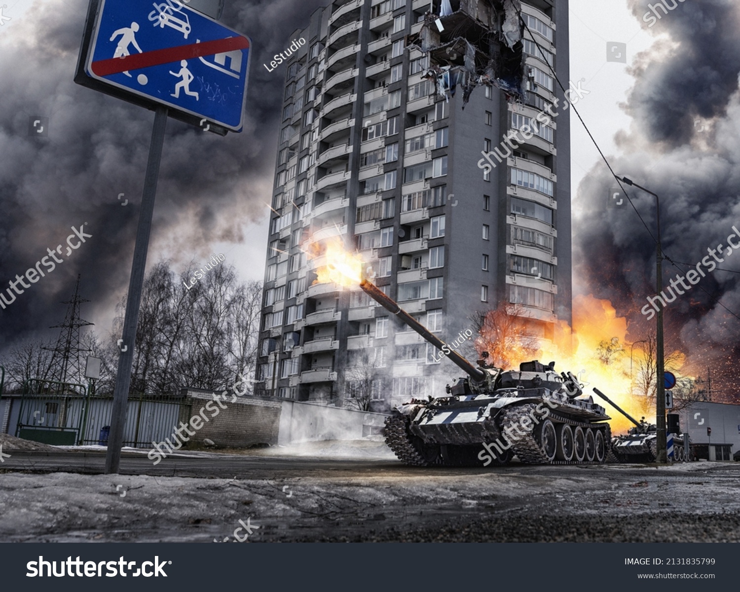 Tanks fire in the city battle. Damaged building rubbles, explosions, and smoke in the city streets now are a battlefield. War in the Ukraine urban residential area. No playground for kids sign concept #2131835799