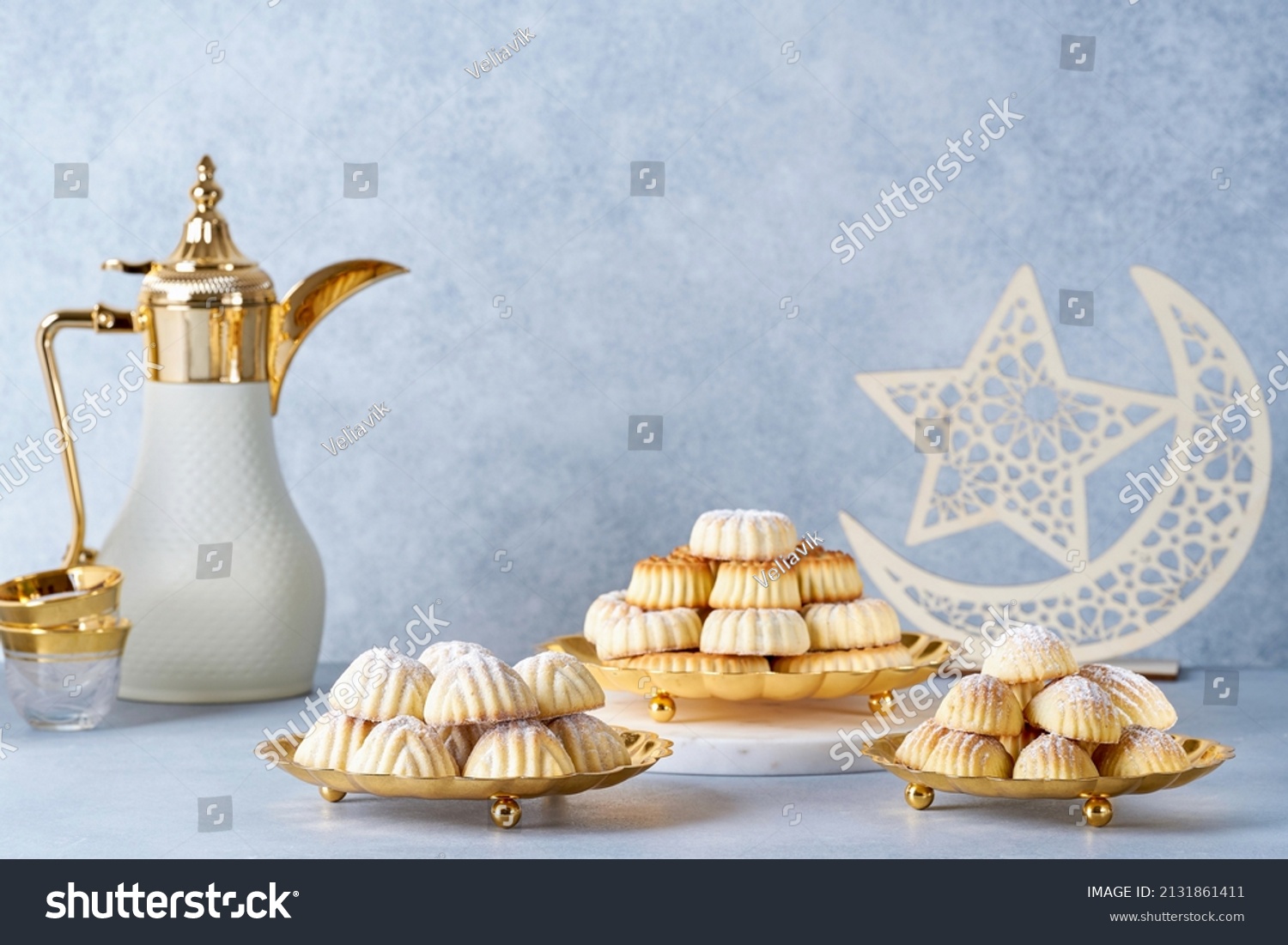   Assorted semolina maamoul or mamoul cookies with dallah and ramadan decor. Traditional arabic Eid al Adha, Eid al Fitr sweets                               #2131861411