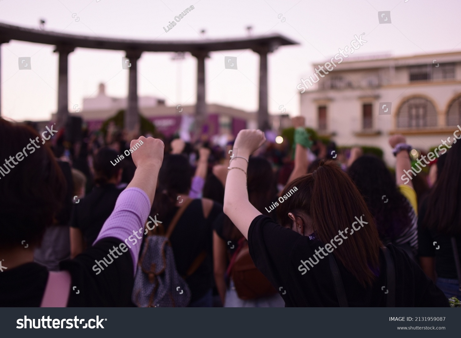Young women raising their fist in protest against violence, for women's empowerment, feminism, freedom, gender equity, sorority. #2131959087