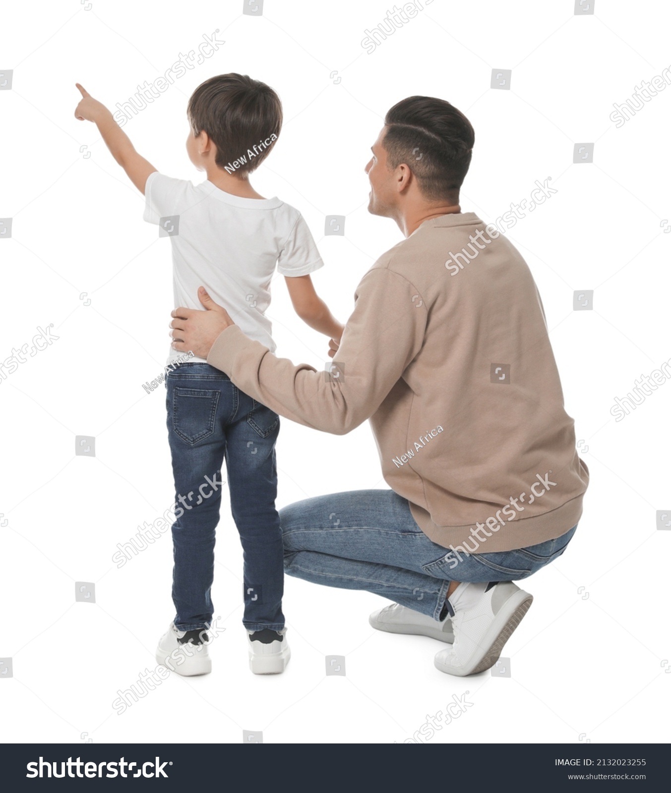 Little boy with his father on white background, back view #2132023255