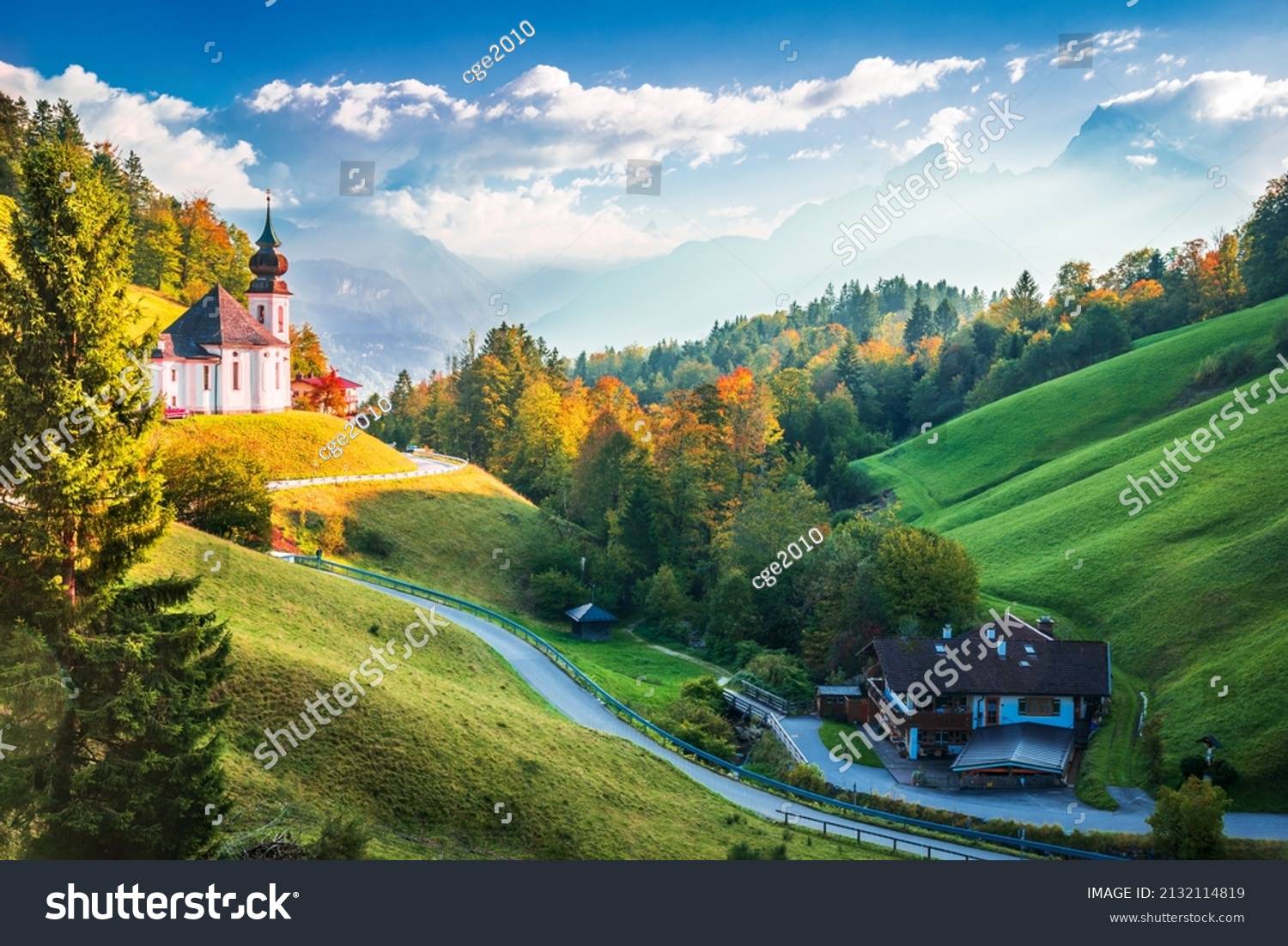 Berchtesgaden, Germany. Autumn landscape with famous Maria Gern church and Watzmann Mountain, Bavarian landscape. #2132114819