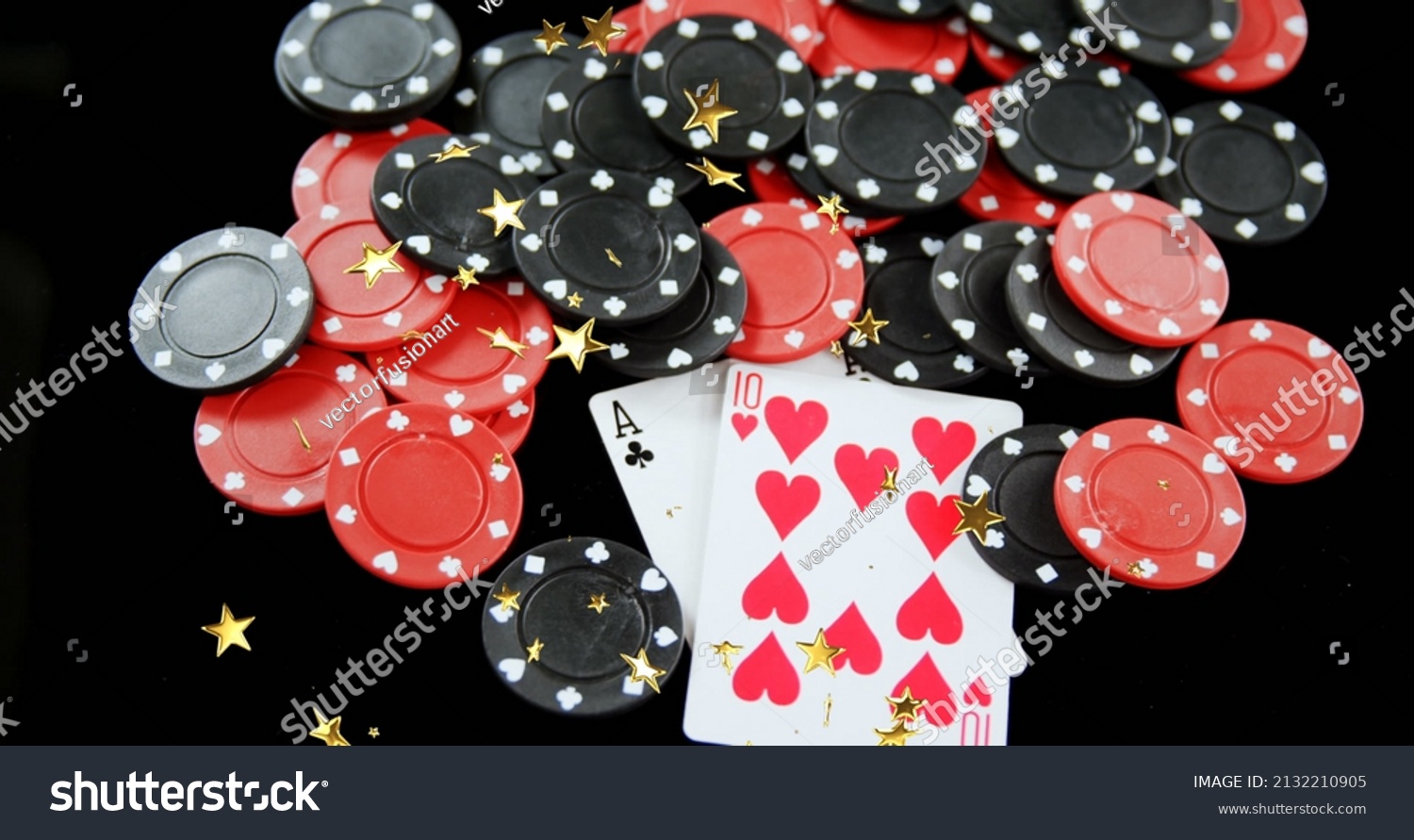 Image of moving stars over poker chips and cards on black background. hazard and casino concept digitally generated image. #2132210905