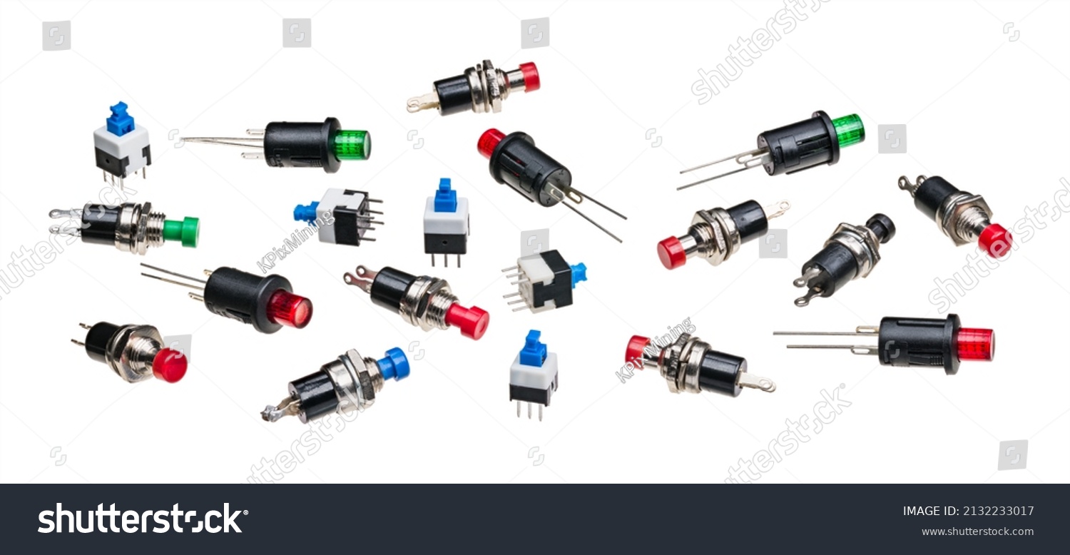 Various miniature push button switches isolated on white panoramic background. Collection of small electronic components with round on or off pushbuttons or metal pins to use in PCB. Electromechanics. #2132233017