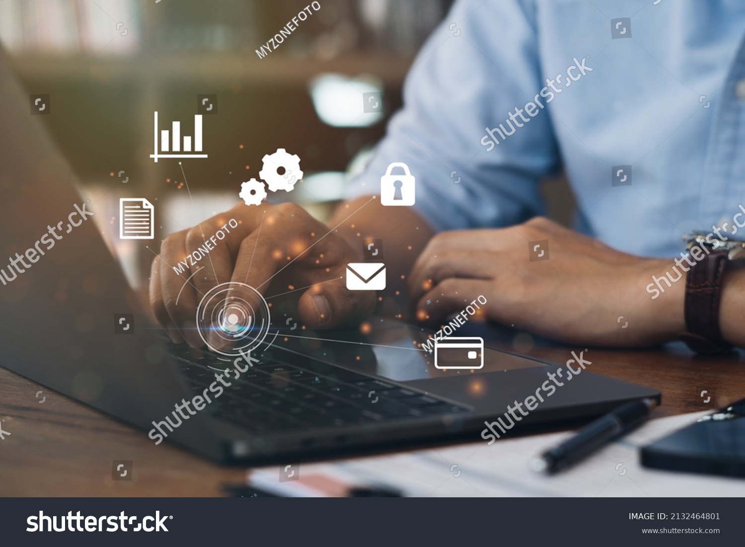 Businessman using a computer to AR virtual screen dashboard with project management with icons of scheduling, budgeting, communication.
 #2132464801