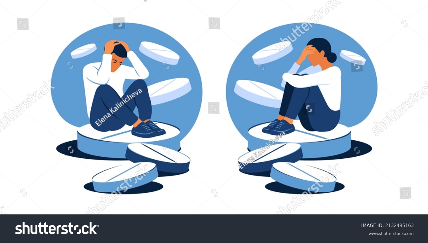 Concept of medication treating illness or disorder. Concept of antidepressants. Depressed man and woman is sitting on big pill. Medicine. Flat. Vector illustration. #2132495163