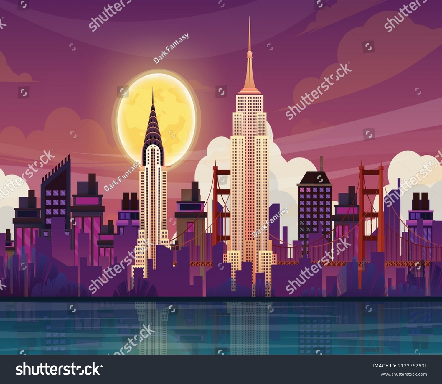 beautiful scene with Chrysler building empire state building world famous American tourist attraction symbol international architecture landmarks design postcard travel poster illustration.  #2132762601