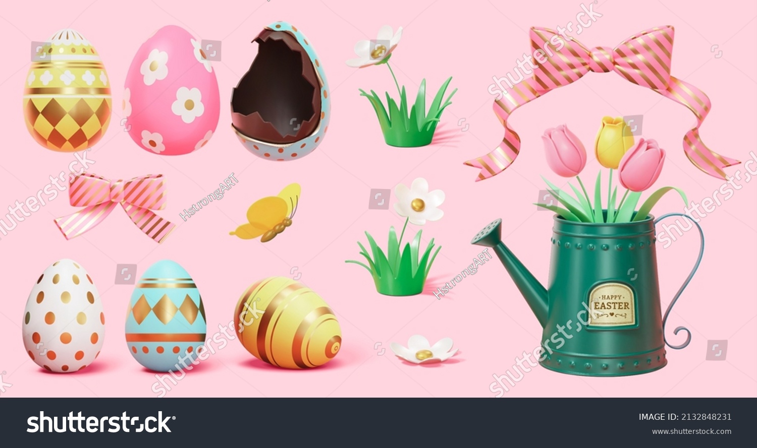 3d spring or Easter holiday decor elements isolated on pink background. Suitable for activity promo or website icons. #2132848231