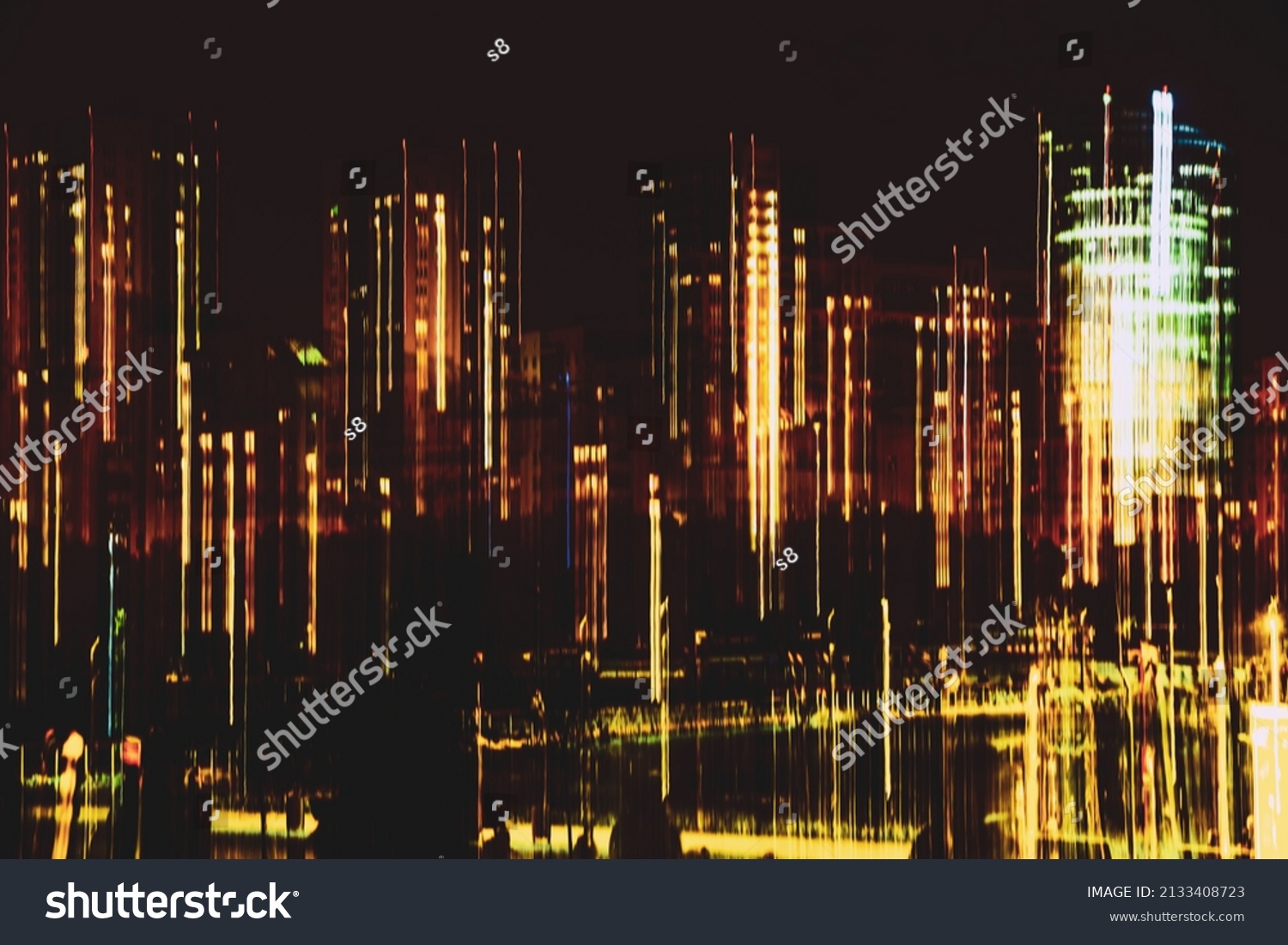 Blurred skyscrapers against dark sky, buildings at night, Illuminated windows. Modern neon city #2133408723
