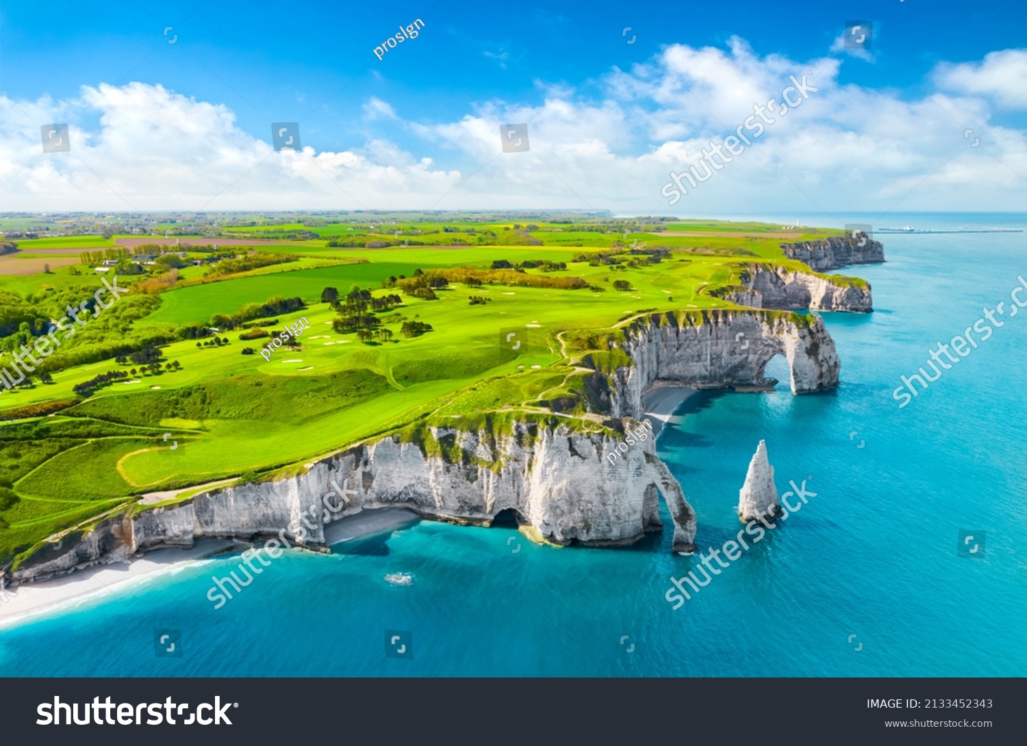 Aerial view of the beautiful cliffs of Etretat. Normandy, France, La Manche or English Channel #2133452343