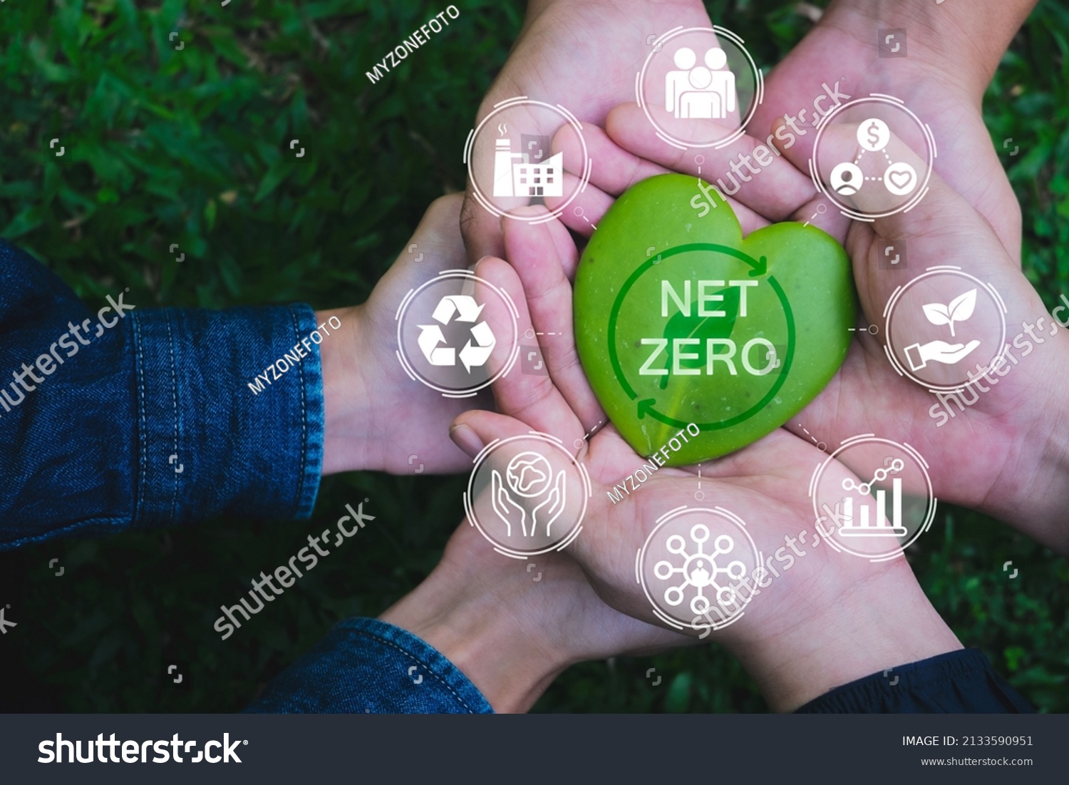 Net zero and carbon neutral concept. Hands adult Teamwork harmony Holding heart leaf on hands with green net zero icon and green icon. Net zero greenhouse gas emissions target. #2133590951