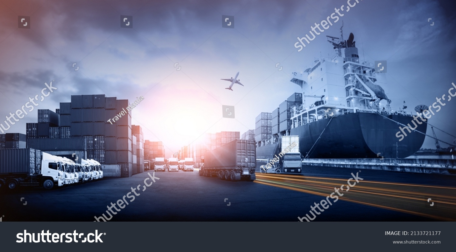 Container truck in ship port for business Logistics and transportation of Container Cargo ship and Cargo plane with working crane bridge in shipyard, logistic import export and transport concept #2133721177