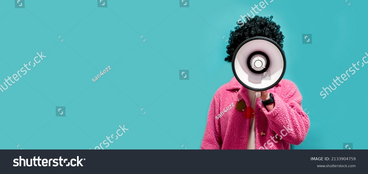 Funny portrait of an emotional guy with a megaphone. Collage in magazine style. Flyer with trendy colors, advertising copy space. Discount, sale season. Information concept. Attention news! #2133904759
