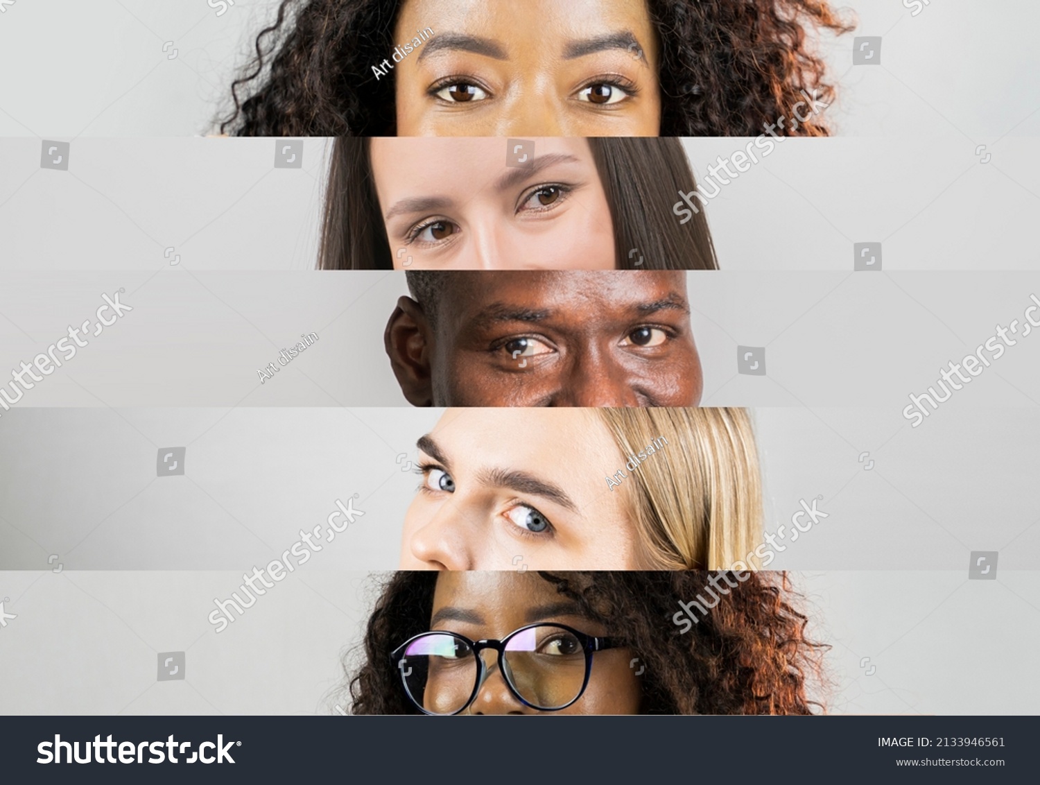 Collage of close-up male and female eyes on colored backgorund. Multicolored stripes. Concept of equality, unification of all nations, ages and interests #2133946561