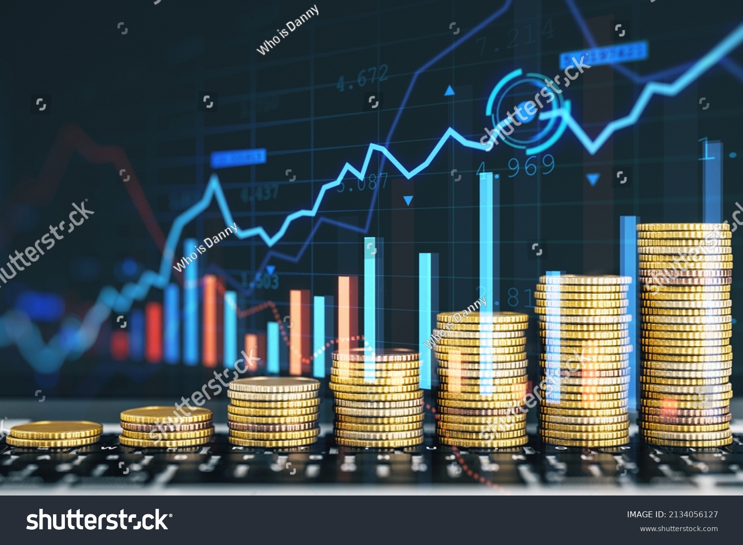 Creative image of growing coin stacks and candlestick forex chart on blurry background. Trade, money and financial growth concept. Double exposure #2134056127
