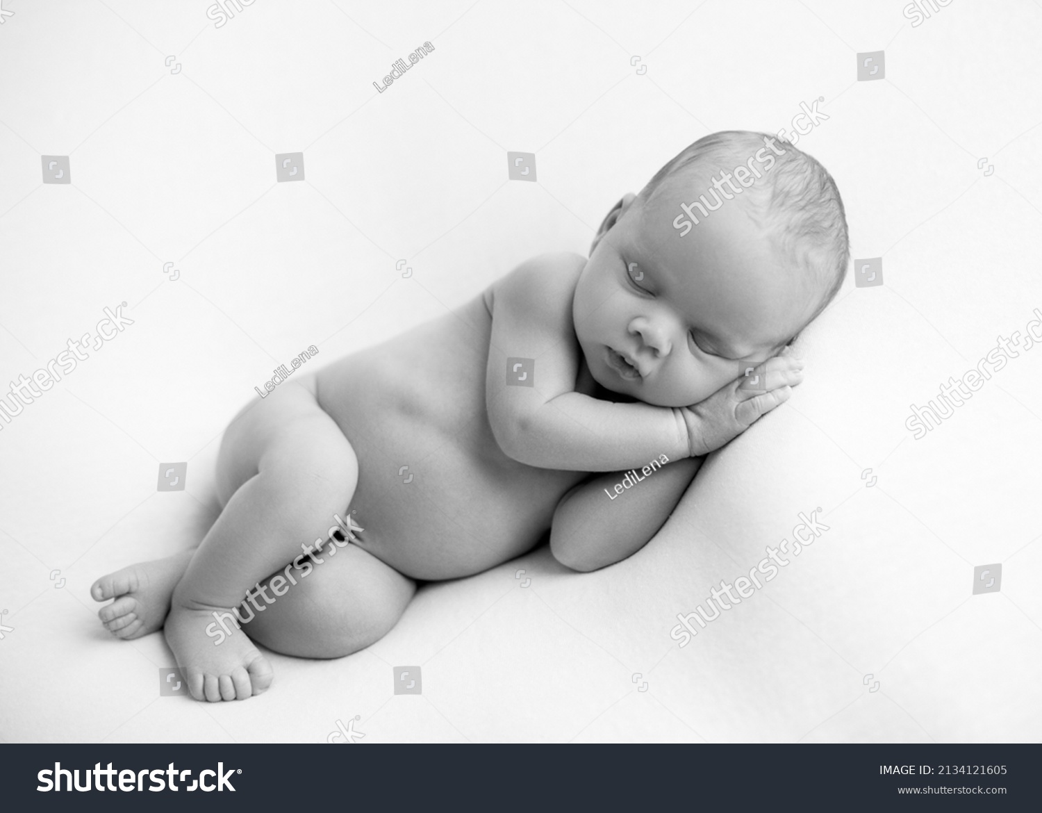 Sleeping newborn boy on a white background. Photoshoot for the newborn. Two weeks from birth. A portrait of a beautiful, newborn baby  sleeping. Newborn boy on a black and white background #2134121605