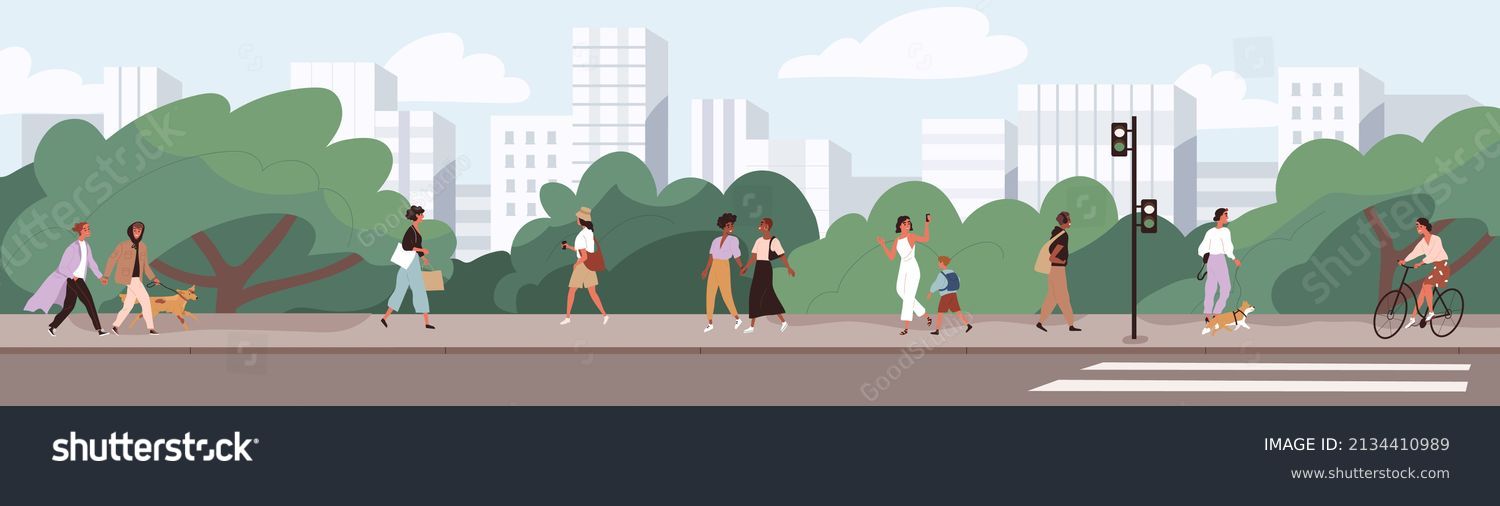 People going along city street. Urban panorama with pedestrians, cyclists, buildings, trees and road. Horizontal cityscape. Scene with citizens walking at sidewalks in town. Flat vector illustration #2134410989