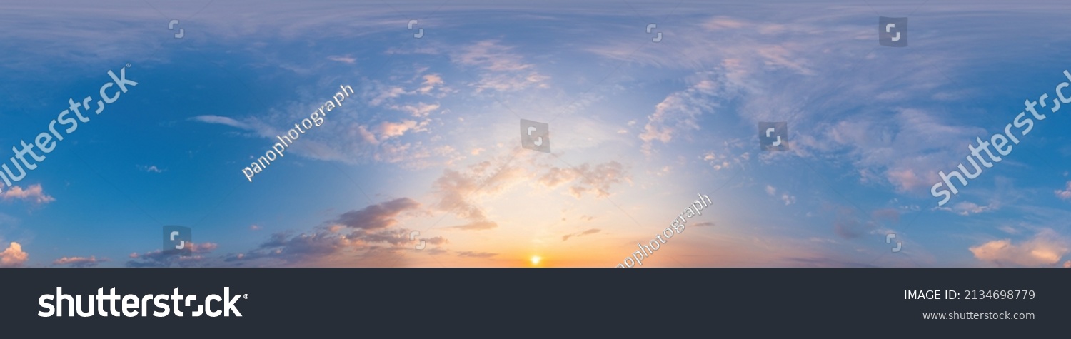 Panorama of a dark blue sunset sky with pink Cirrus clouds. Seamless hdr 360 panorama in spherical equiangular format. Full zenith for 3D visualization, sky replacement for aerial drone panoramas. #2134698779