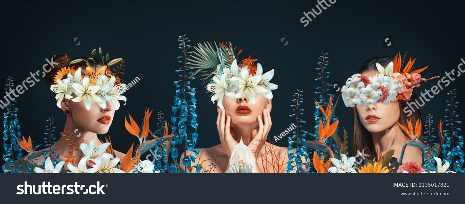 Abstract contemporary art wide panoramic collage portrait of young woman with flowers #2135017821