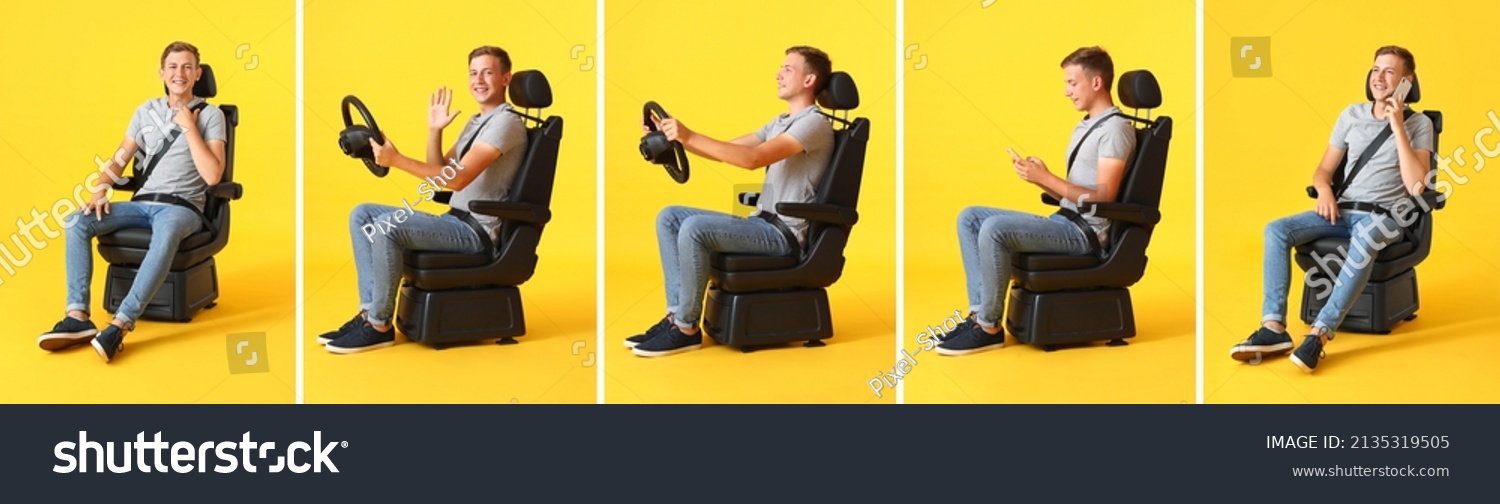 Set of man in car seat on yellow background #2135319505