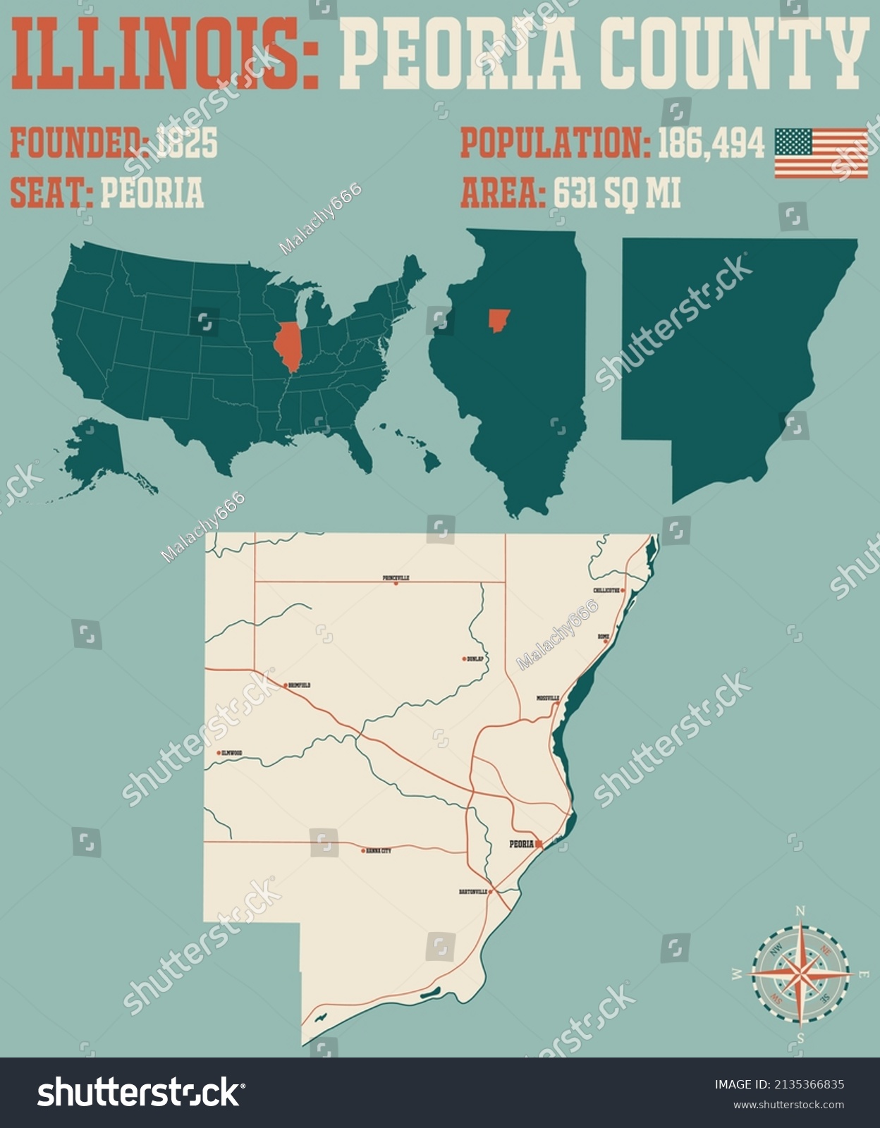 Large and detailed map of Peoria county in - Royalty Free Stock Vector ...